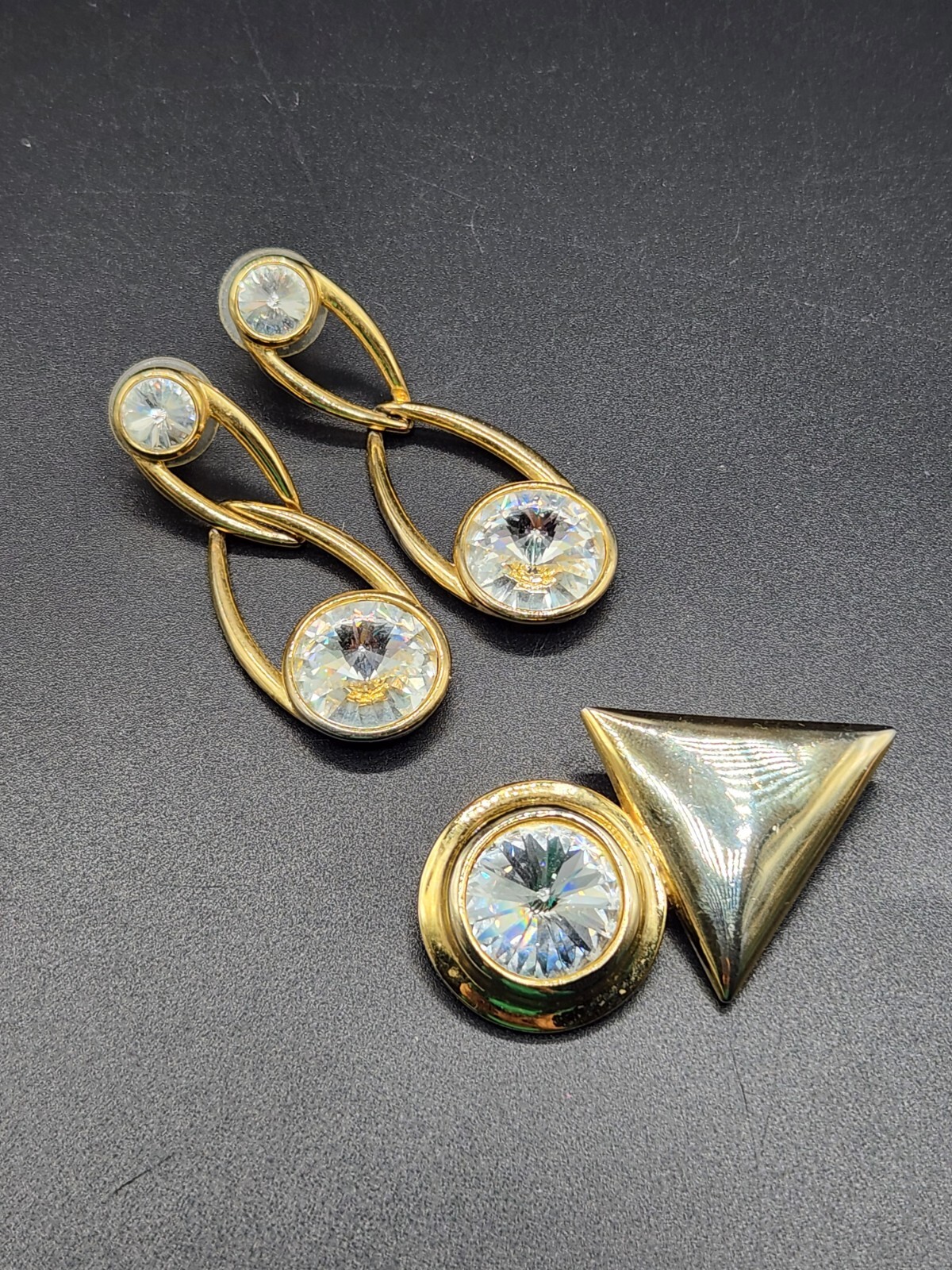 Unique Vintage Bijoux Gold Tone Rivoli Crystal Earrings and Brooch