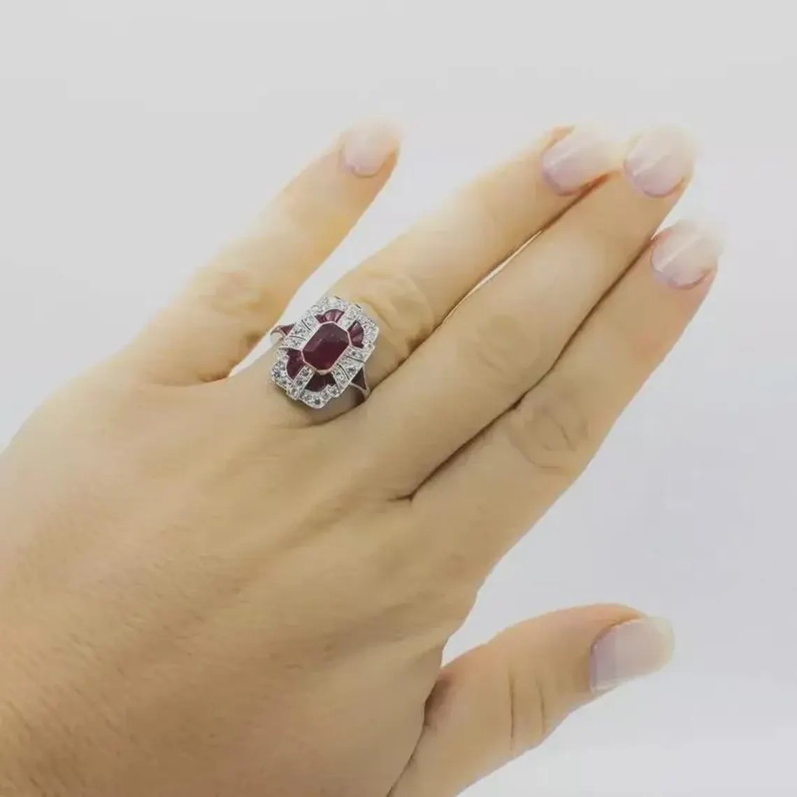 Art Deco 4CT Emerald Cut Real Ruby Vintage Wedding Ring 14K Two-Tone Gold Finish