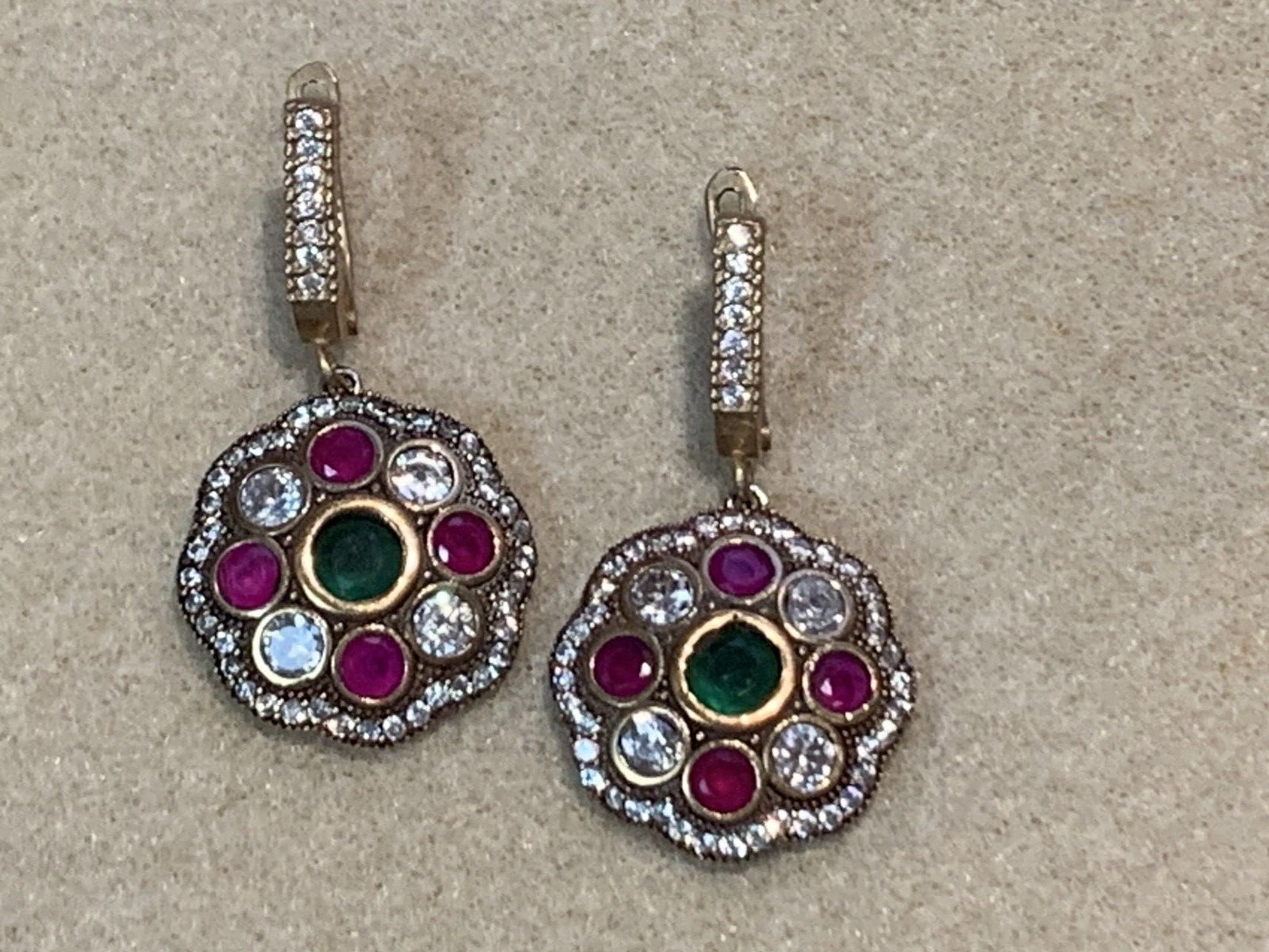 HUGE SALE**ESTATE VTG. EMERALD/RUBY/WHITE ZIRCON OTTOMAN EARRINGS-NEVER WORN