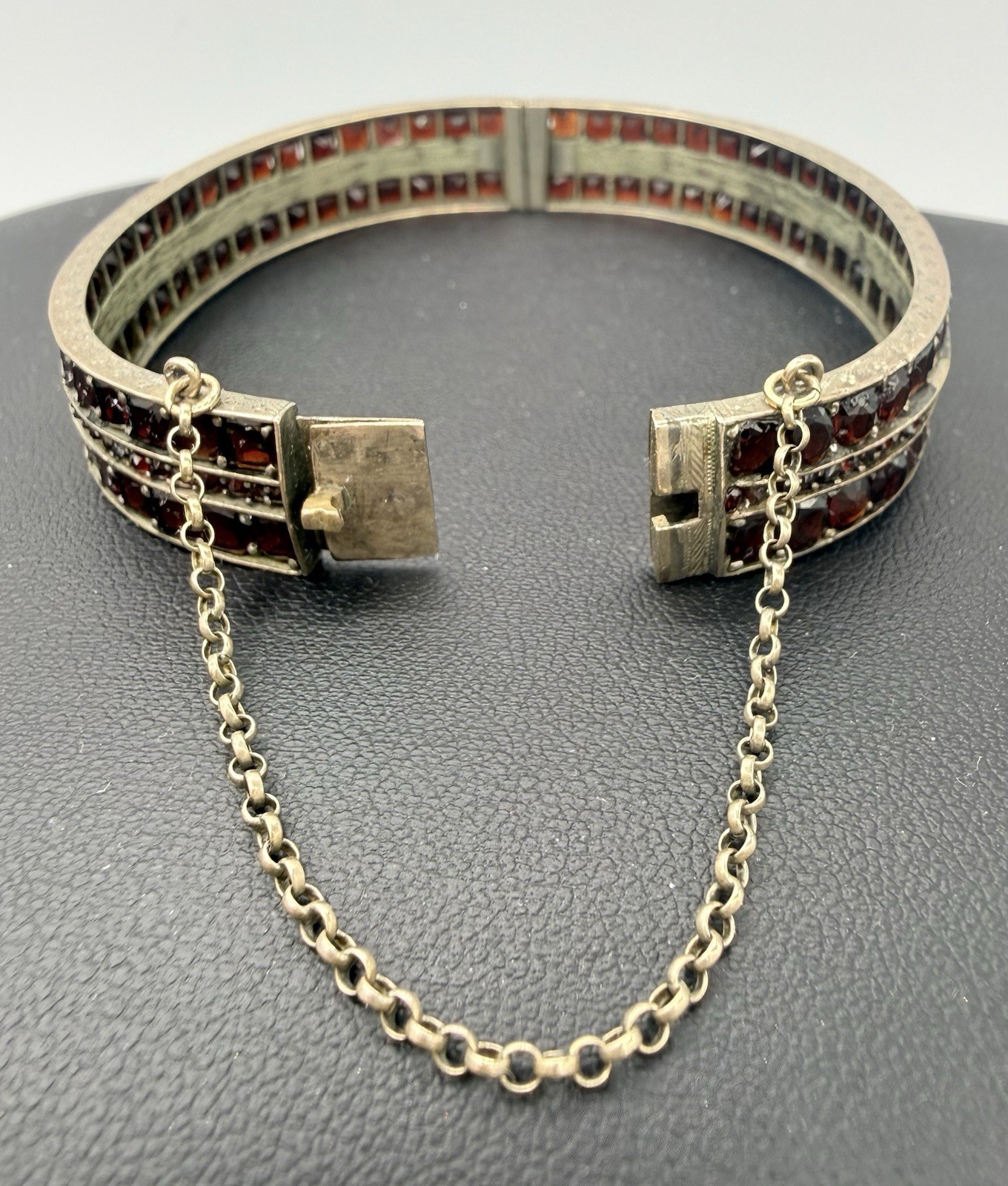 Antique Victorian Bohemian 3 Row Garnet Bangle Bracelet Silvertone