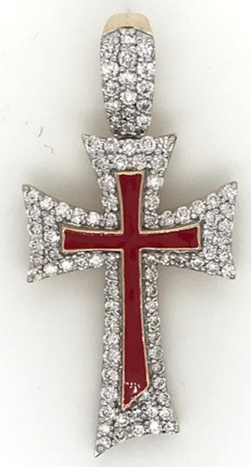 ESTATE LARGE 1.53CT DIAMOND & RED ENAMEL 14KT YELLOW GOLD CROSS FLOATING PENDANT