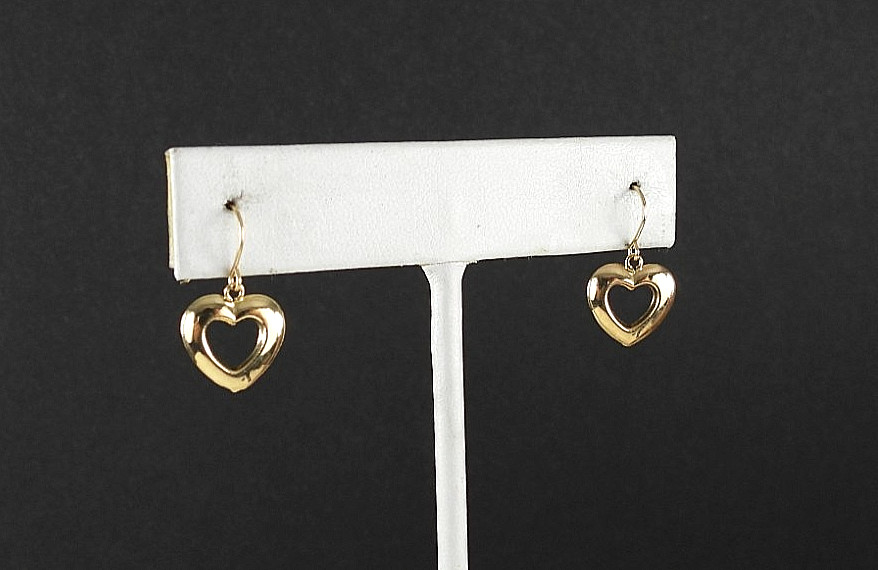 14K Yellow Gold Heart Dangle Drop Earrings Vintage JCM Fine Hook Classic Jewelry