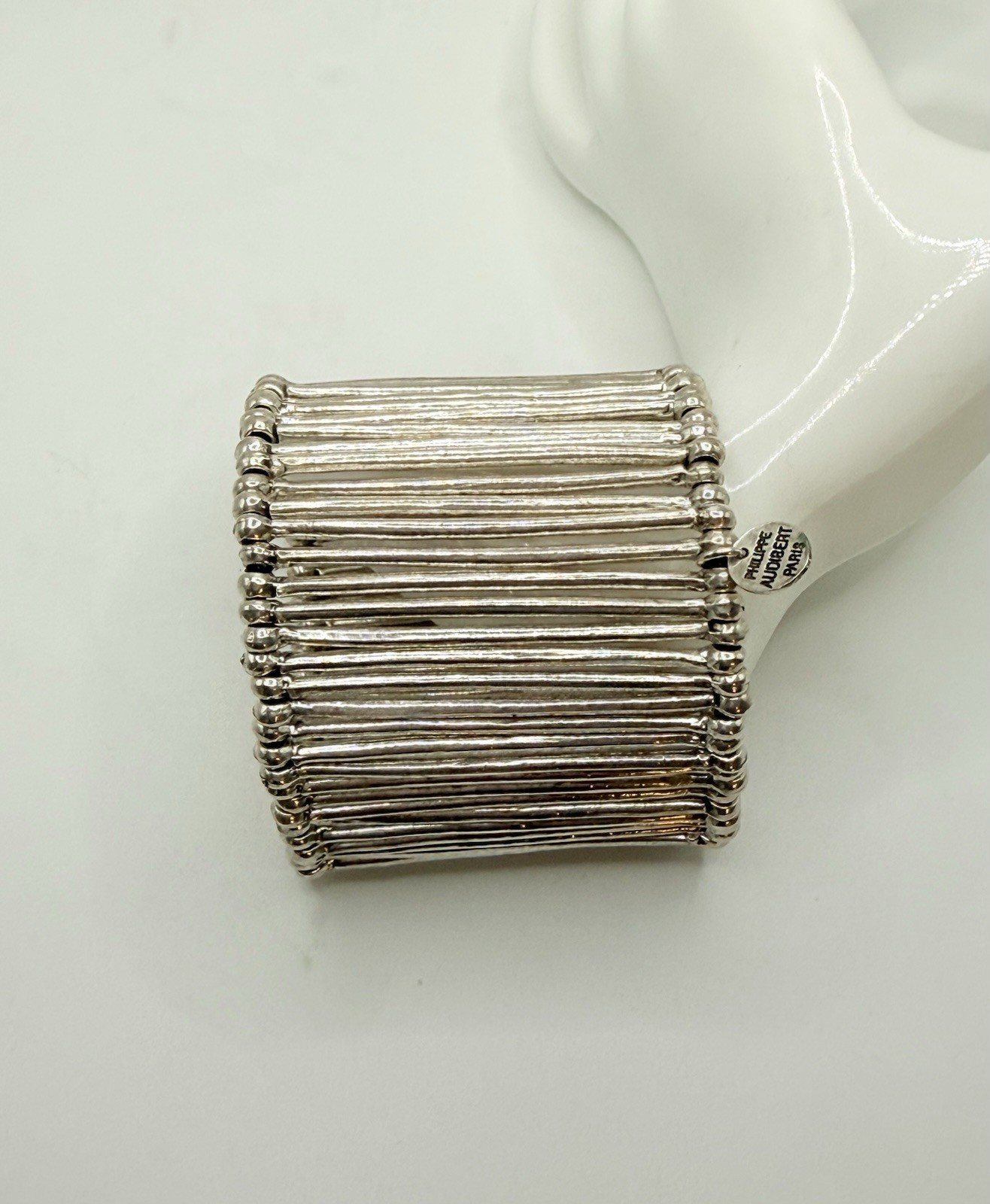PHILIPPE AUDIBERT PARIS VINTAGE SILVER TONE BAR CUFF STRETCH BRACELET 7.5 in