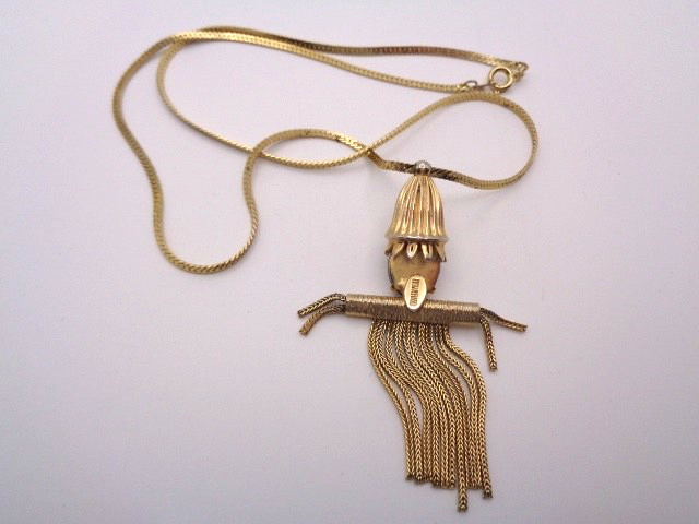 Vintage Signed WARNER Foil Art Glass Scarecrow Dangling Foxtail Pendant Necklace