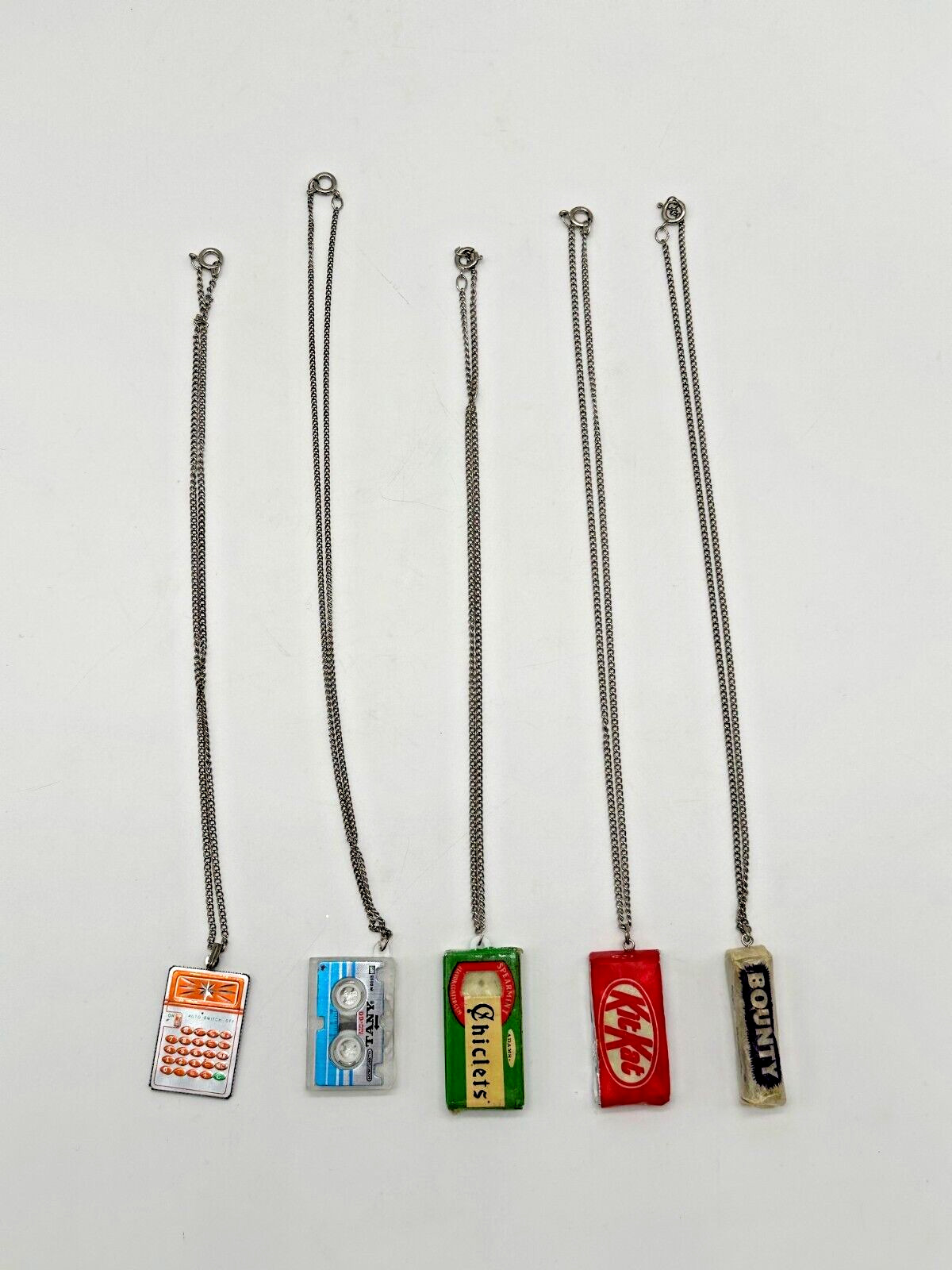 Vtg Miniature Necklaces Chiclets, Kit Kat, Calculator, Bounty, Cassette Tape