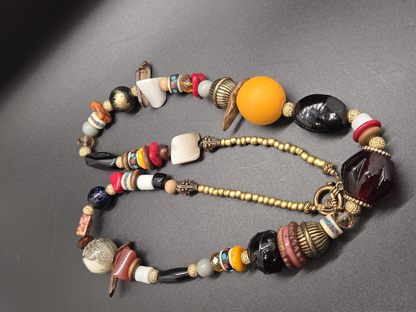 VTG Boho Necklace Artisan Glass Ceramic Lucite Stone Wood Fun Festival Beads 28″