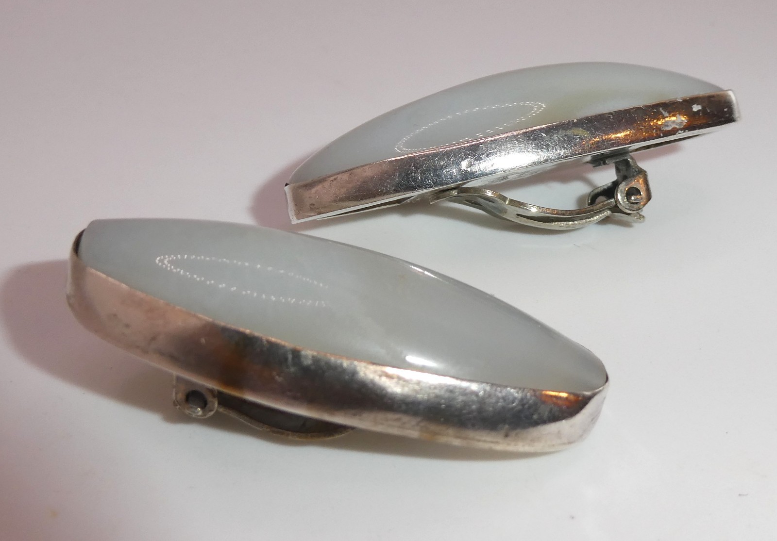 Lg Sterling Silver 925 Clip Earrings Amy Kahn Russell AKR Blue Lace Agate Signed