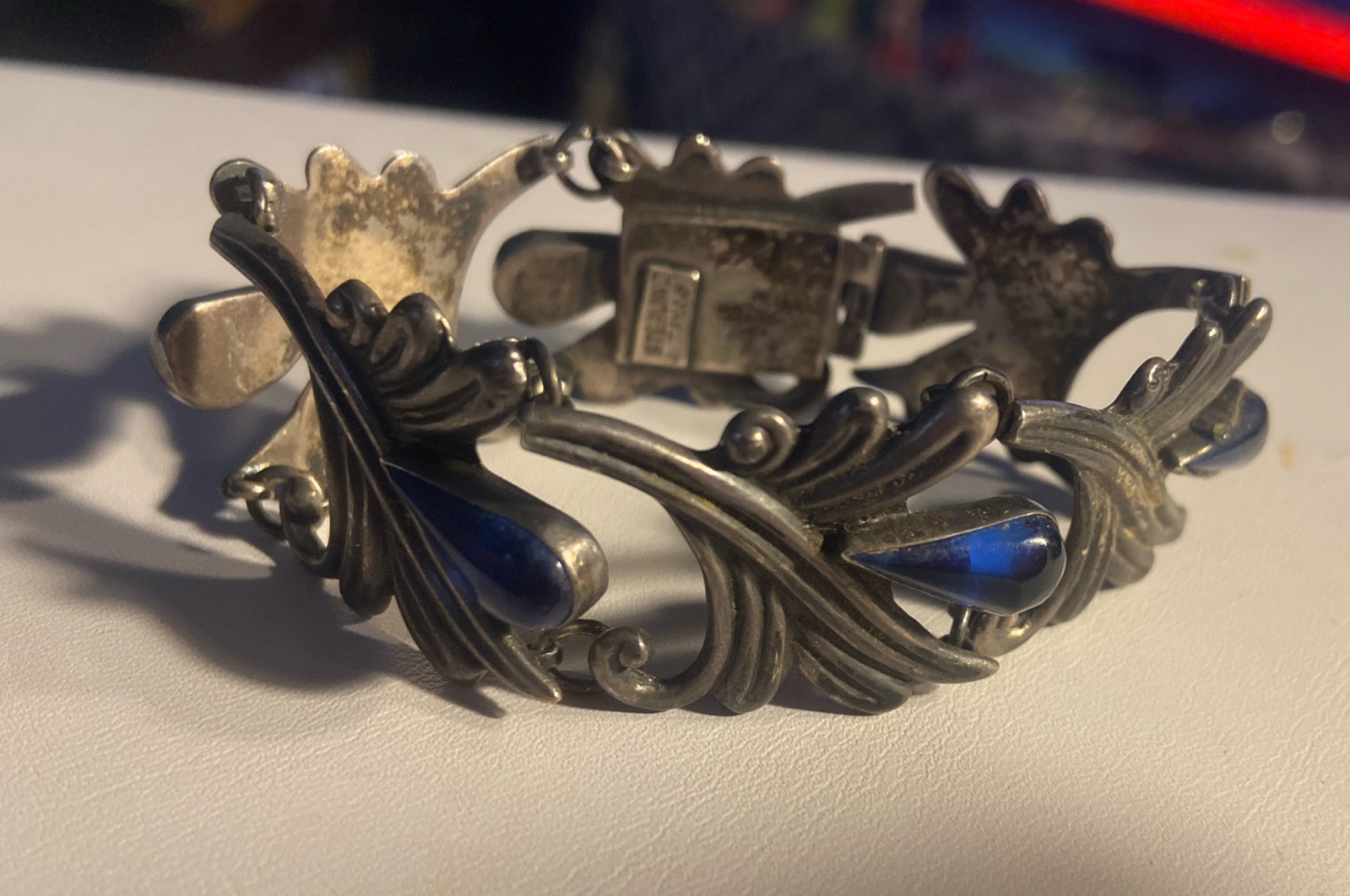 VTG Los Castillo Taxco Mexican Sterling Blue Cabochon Glass Floral Bracelet 7″
