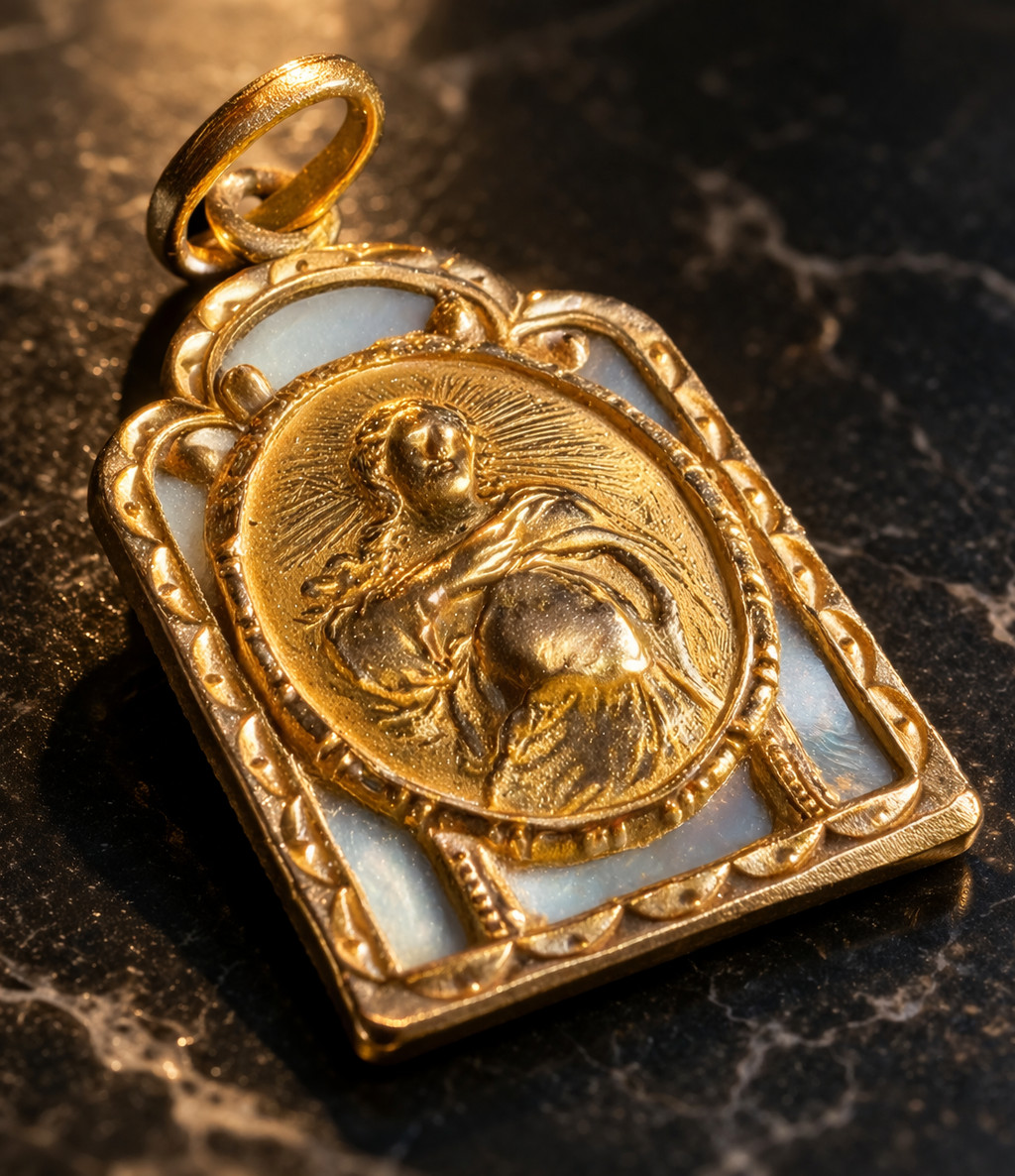 Antique Art Deco 18K Gold Virgin Mary Miraculous Medal Pendant European Catholic