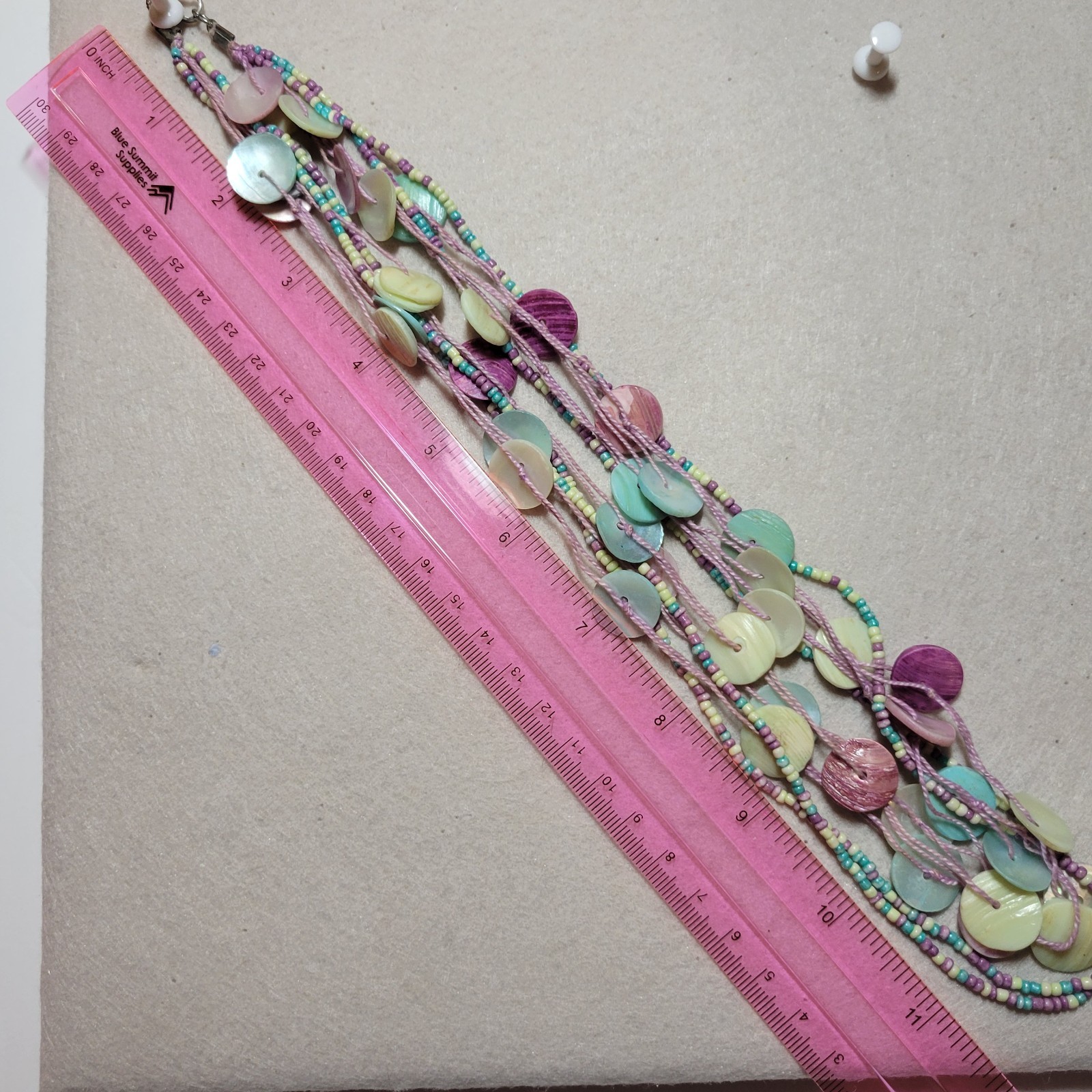 Vintage Pastel Shell & Beads Layered Necklace Pink Blue Green Ocean Boho Mermaid