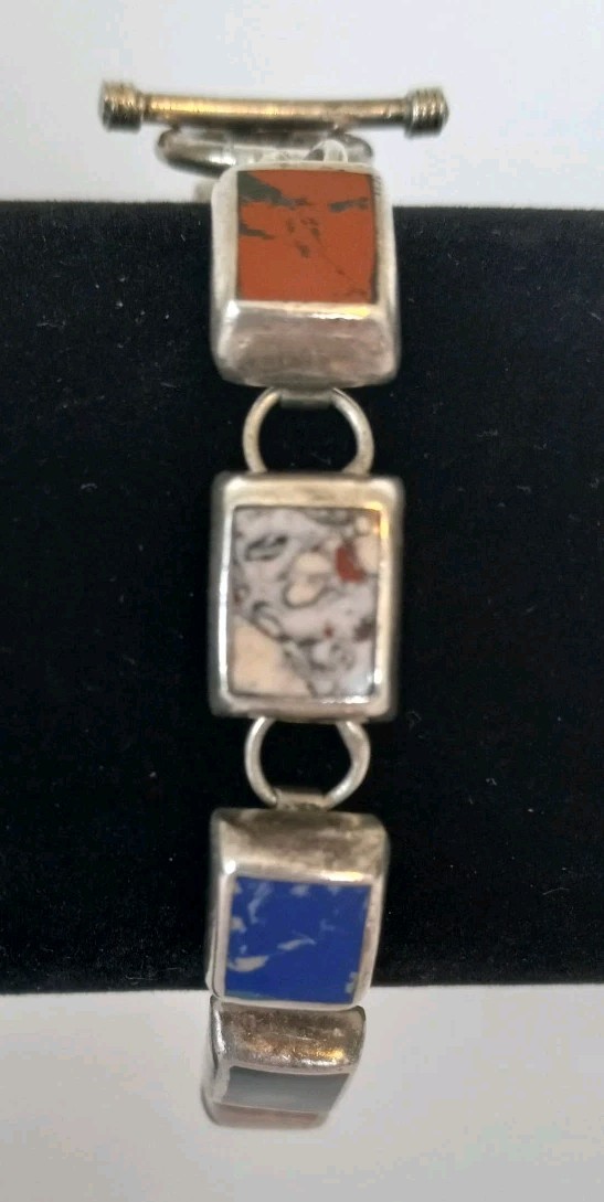 Vtg Mex925 Sterling Silver Multicolor Stone Bracelet 7″