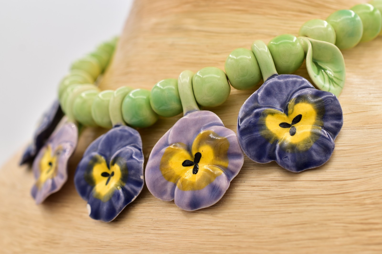 Flying Colors Vintage Pansy Flower Necklace Ceramic Beaded Floral Collar Choker