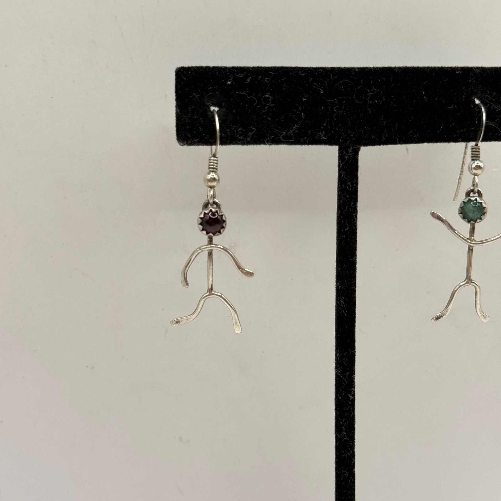 Vintage Artisan Sterling Silver Stick Figure Dangle Earrings Gemstone Heads Cool