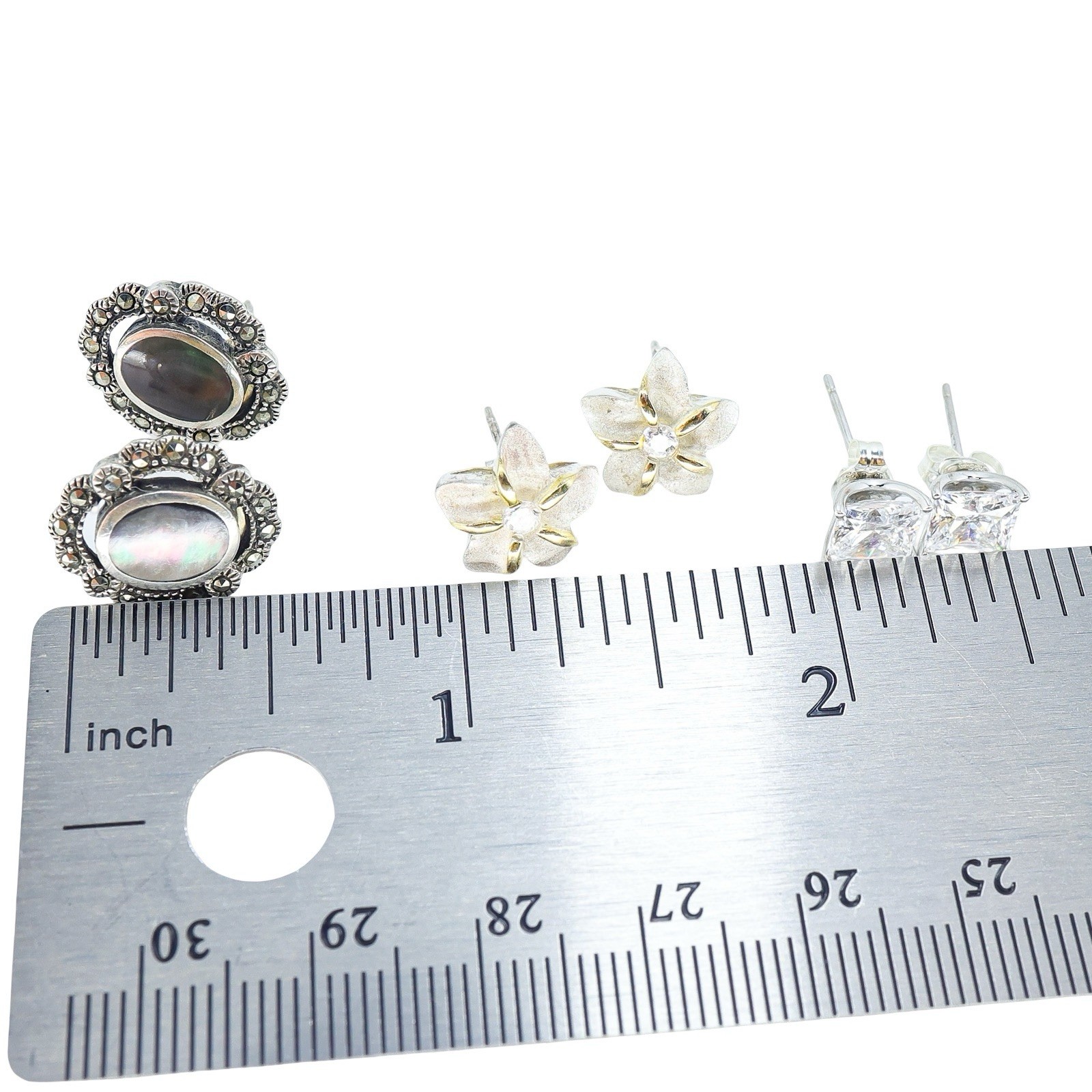 Lot Of 3 Sterling Silver Small Stud Earrings Art Deco Cubic Zirconia Floral