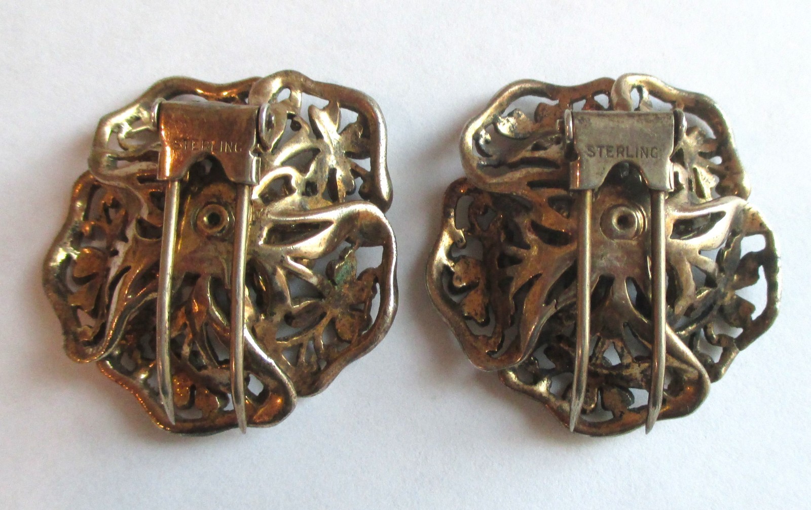 PAIR VINTAGE STERLING SILVER RHINESTONE FUR CLIP BROOCH GOLD WASH FLOWER LOT