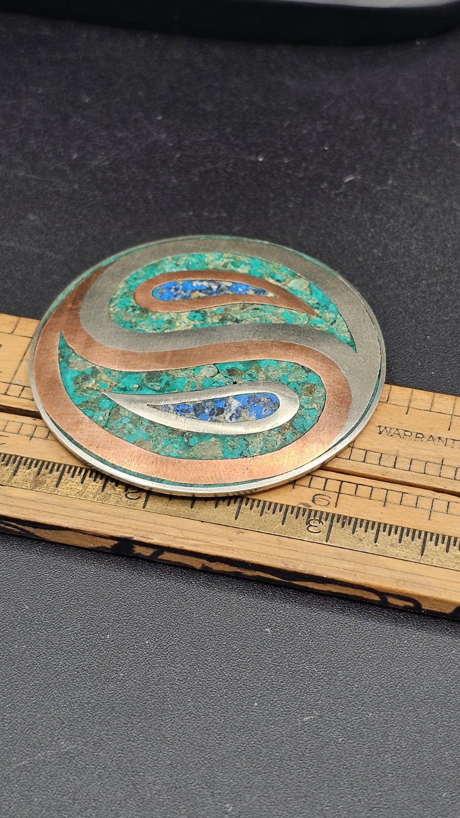 Mexican Sterling Silver & Copper Inlay Brooch GPR Hallmark Bell Mark Gemstone