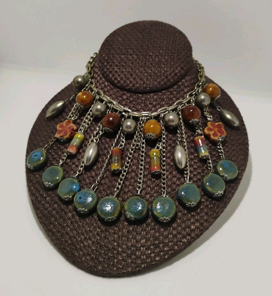 Boho Statement Bib Necklace 17″ Multicolor Ceramic Bead Silver Tone Fringe Style