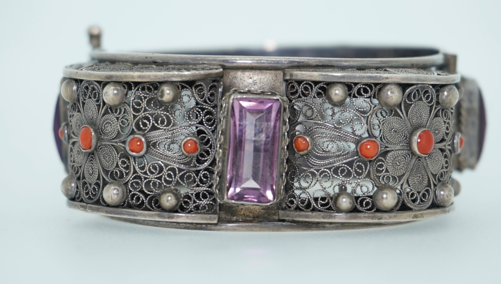 Vintage 800 Cannetille Coral & Amethyst Glass Bracelet