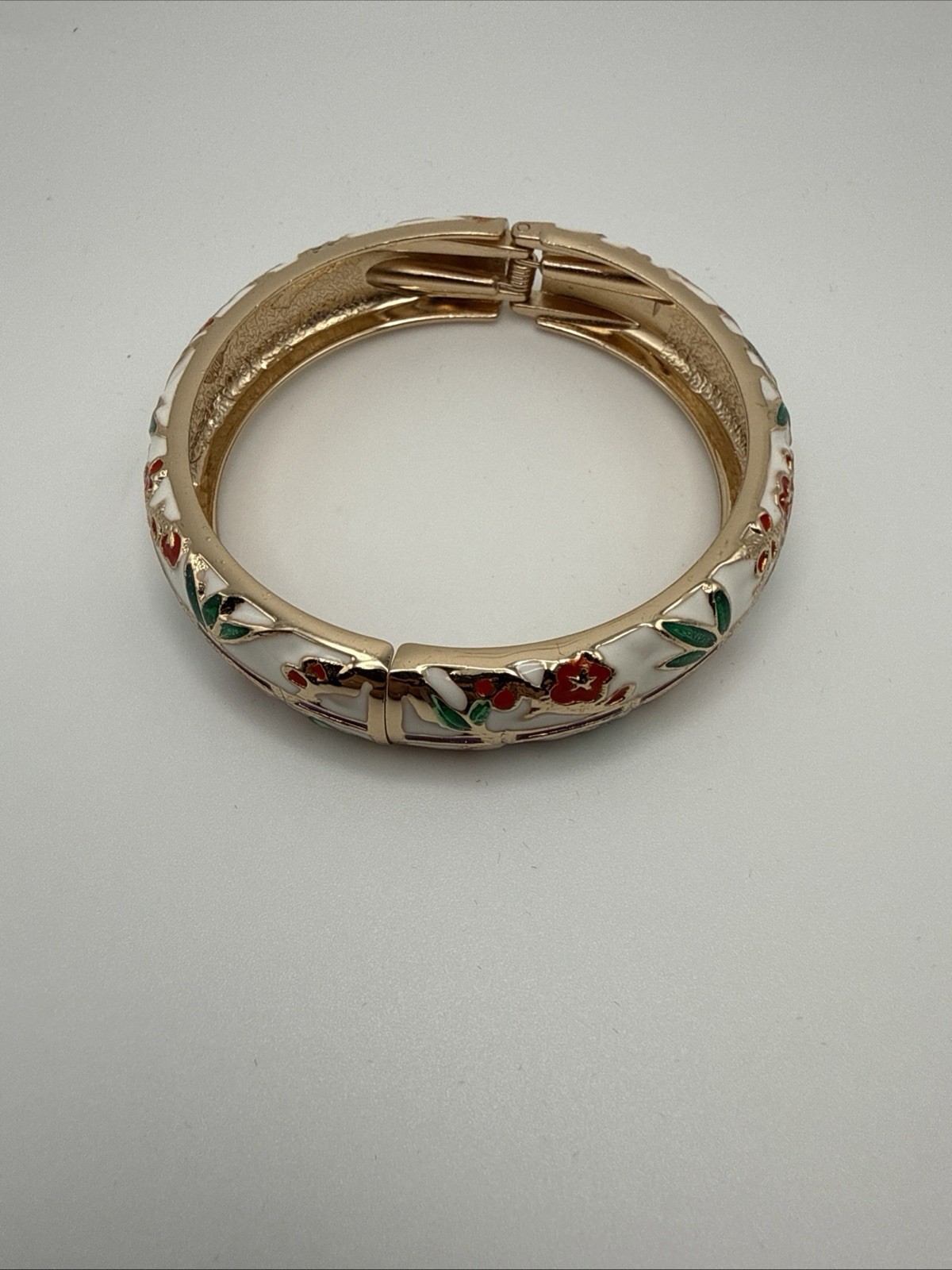 Jiu Long Xing- Red, Green, White, Purple Enamel Hinged Bangle Bracelet- Signed