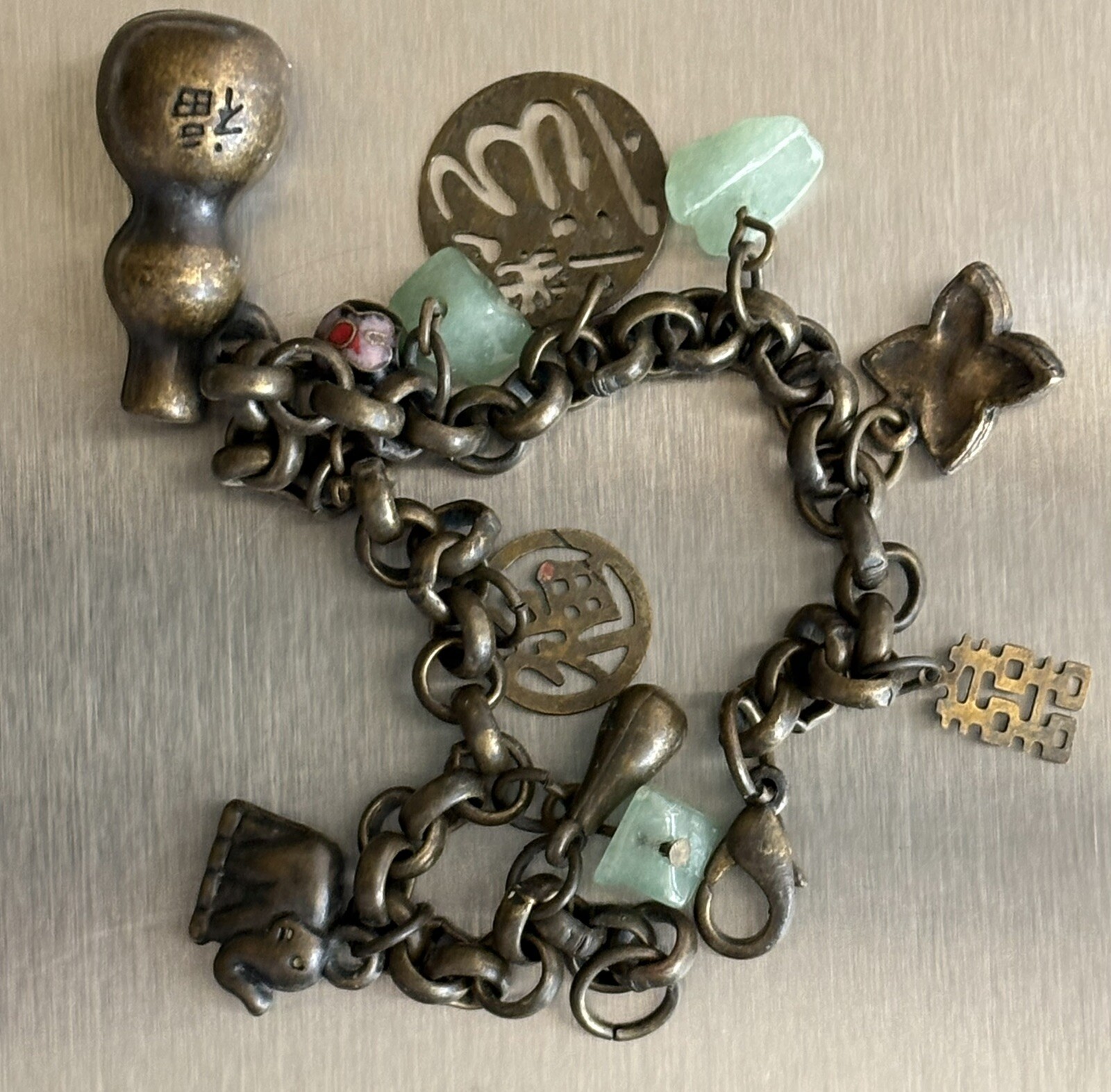 Vintage Chinese Cloisonné Charm Bracelet 7.25in Ladies Good Luck Jade 16.80g