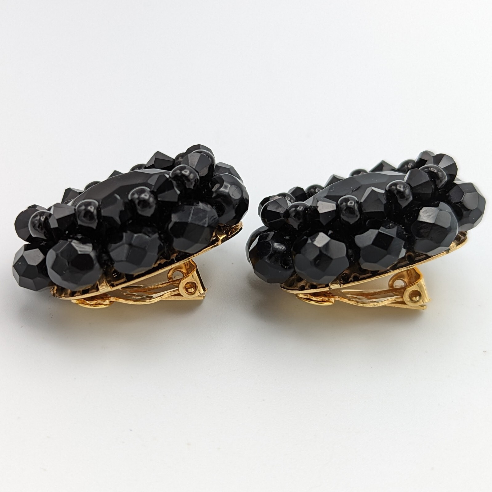 Fazio Black Glass Rhinestone Bead Clip On Earrings 1990s Oval Gold Plated