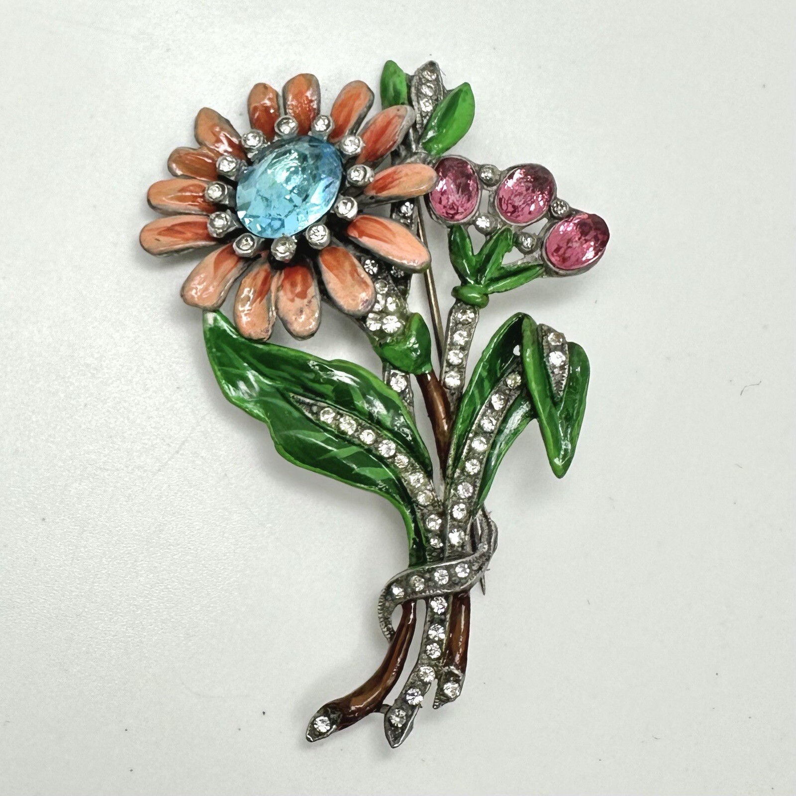 Vintage Art Deco Enamel Flower Brooch Trifari / Coro Style Pot Metal Spray Pin