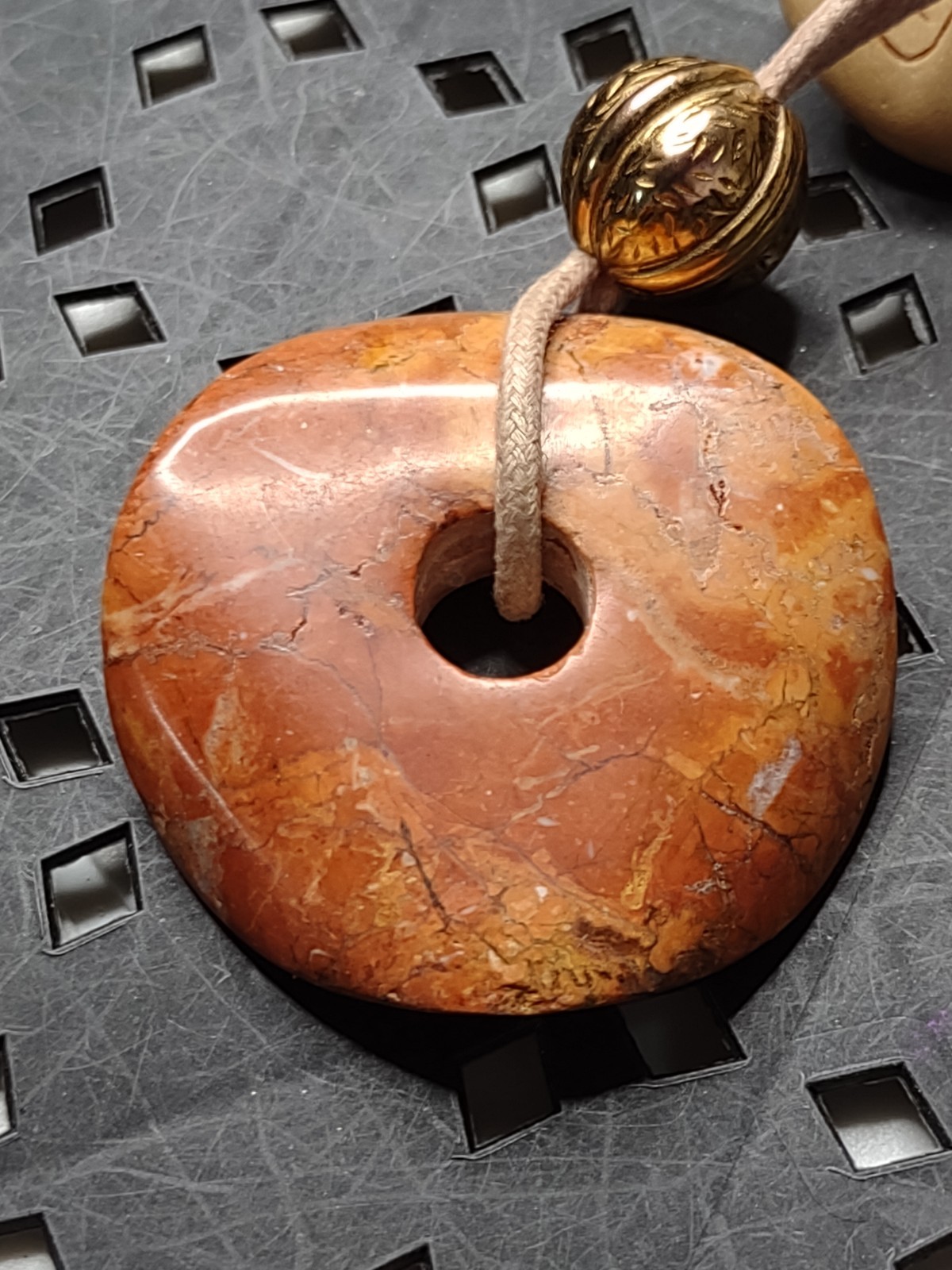 Heavy Vintage Donut Shaped Stone Bead Pendant Necklace