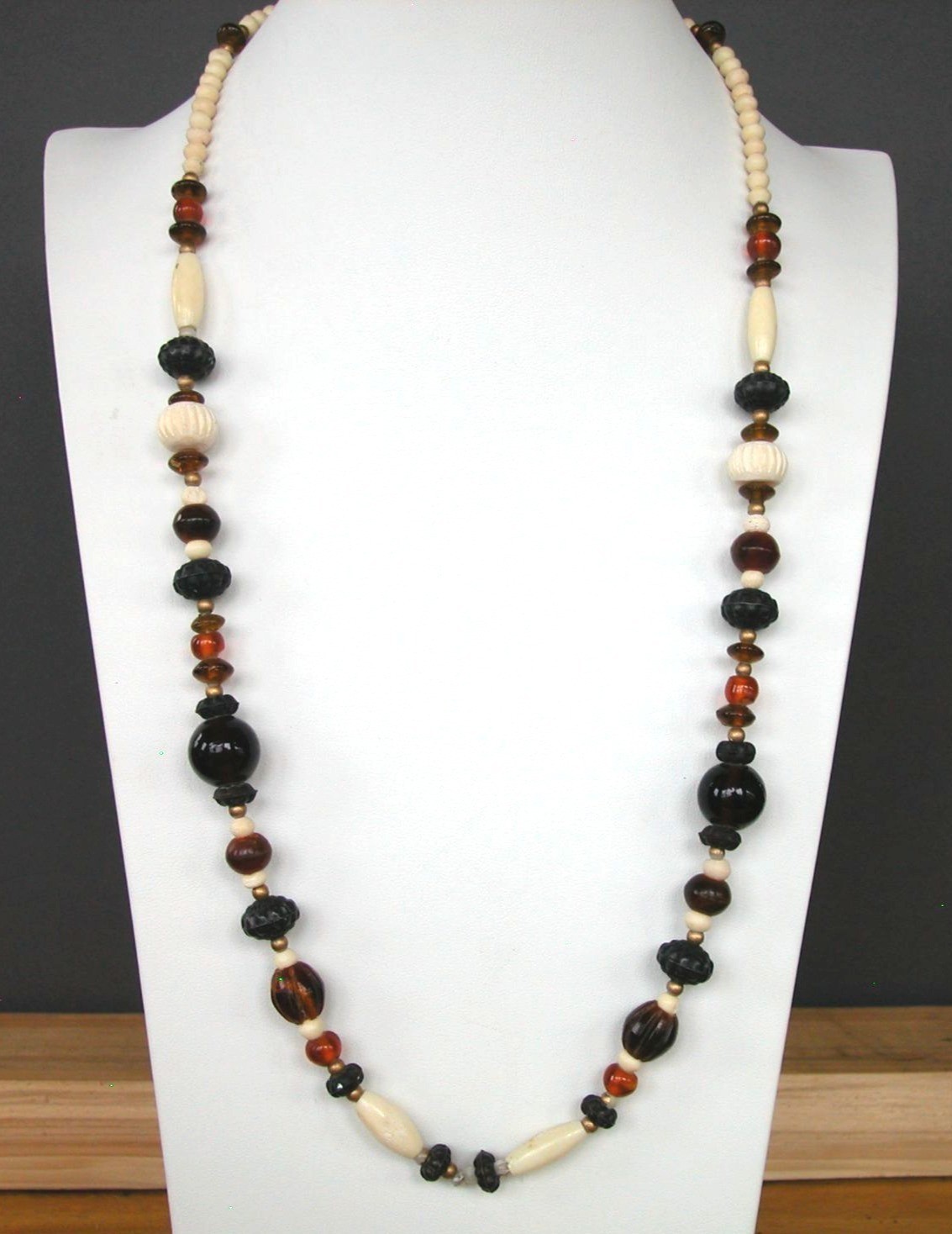 Ivory, Black & Amber Acrylic Bead Necklace, 28″ Long, Hook & Eye closer