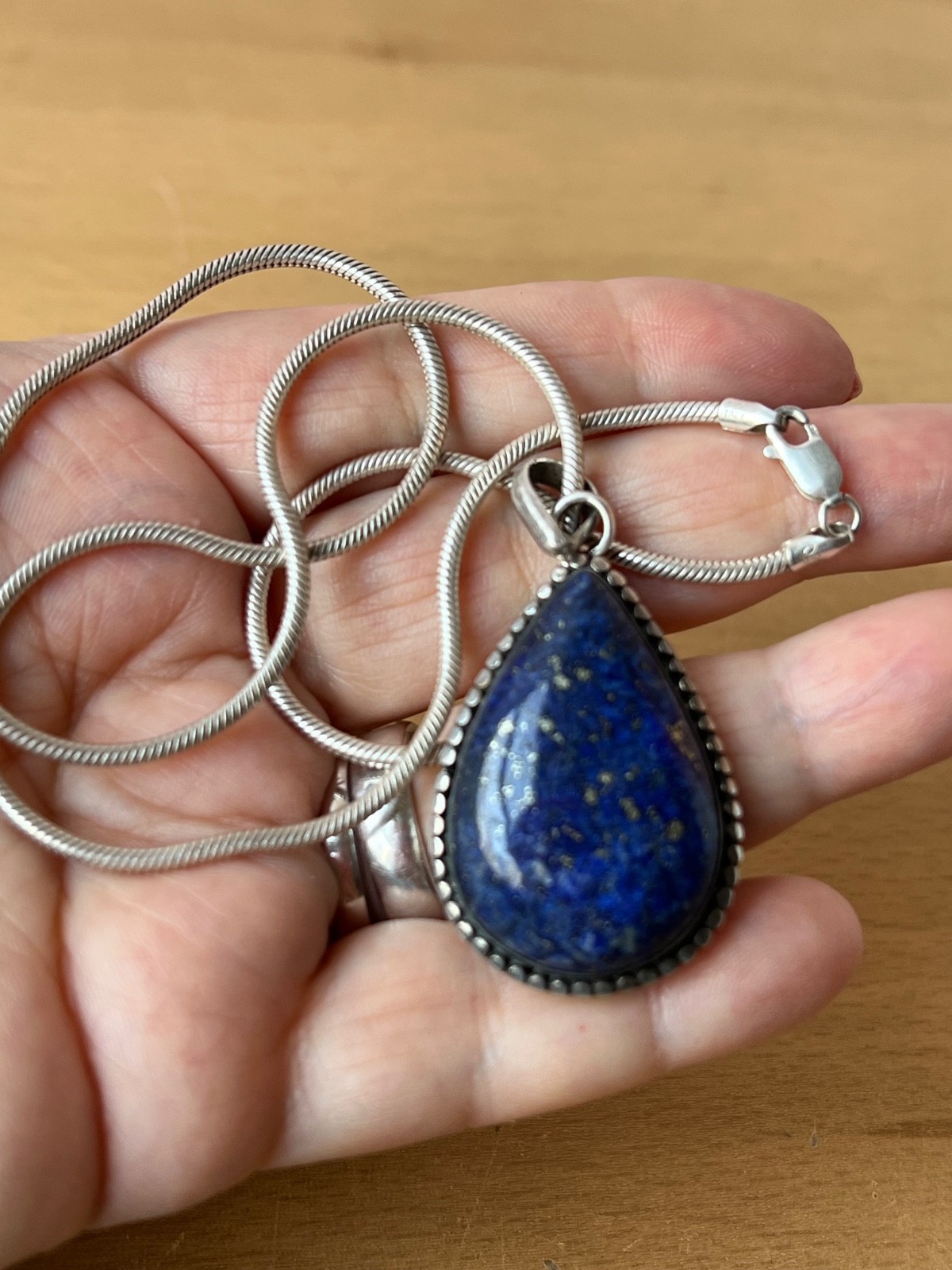 VINTAGE LARGE LAPIS LAZULI PENDANT THICK SNAKE CHAIN NECKLACE 925 STERLING SLVER