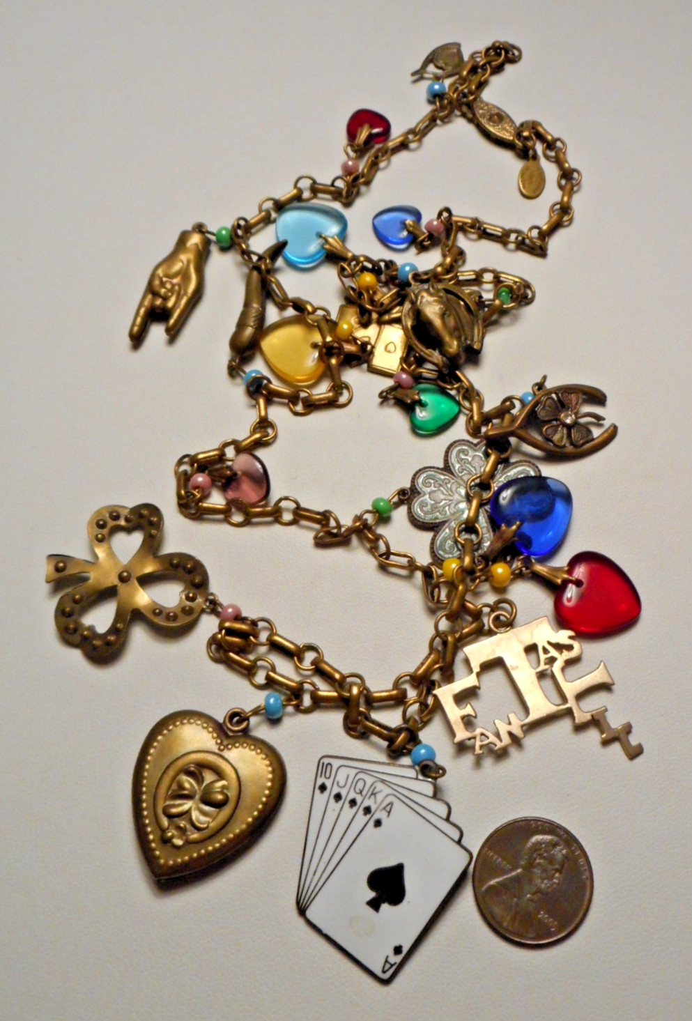 Vintage Glass Works Studio Brass Chain Necklace w 19 assorted Charms 30″ L