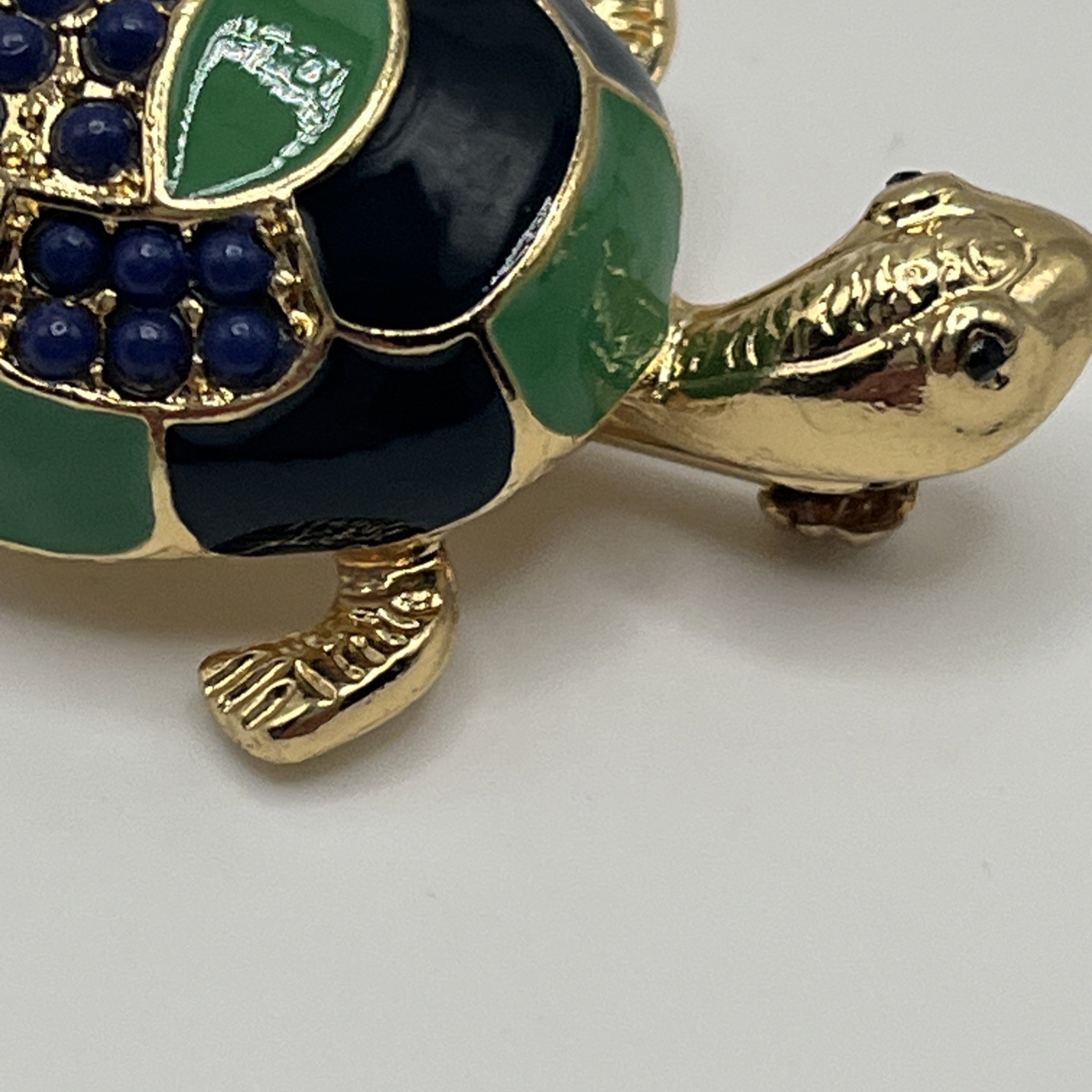 Vintage Enamel Turtle Brooch Gold Tone Green Blue Statement Piece Pin