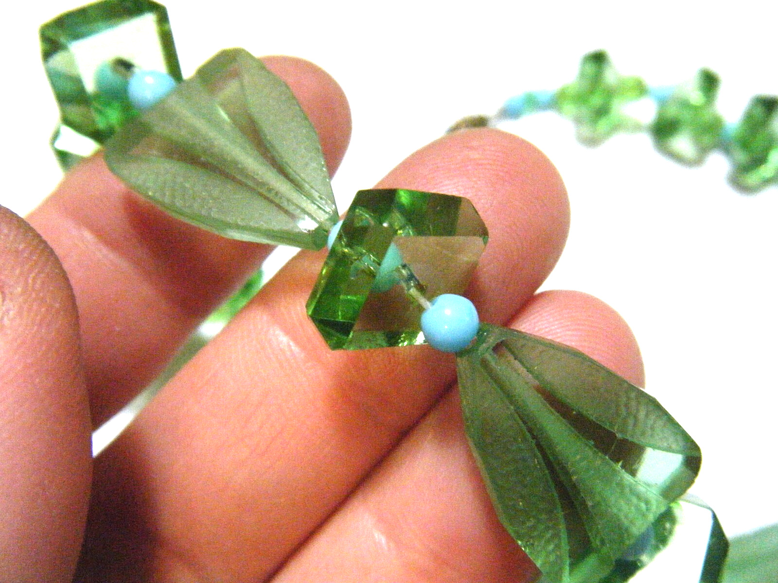 17″ Vintage Czech Green Glass Necklace Art Deco Frosted & Polished Faceted Beads