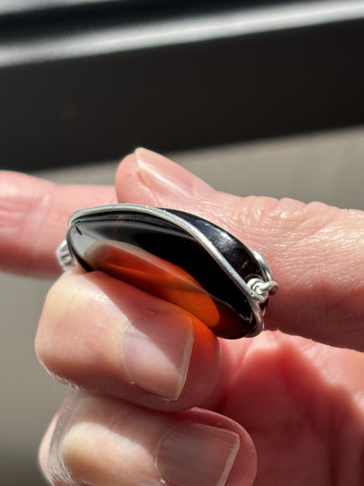Handmade Wire Wrapped Pendant Dk Amber Orange Translucent Stone or Glass Artisan