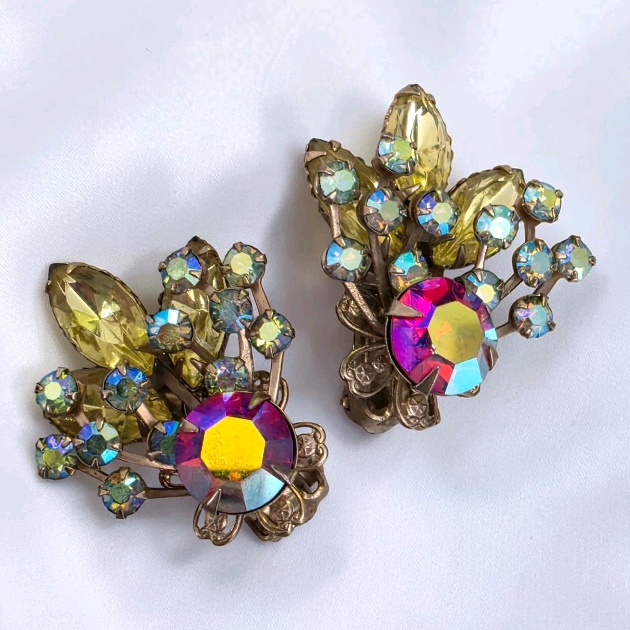Vintage Multicolor AB Rhinestone Red Yellow Navette Floral Spray Clip Earrings