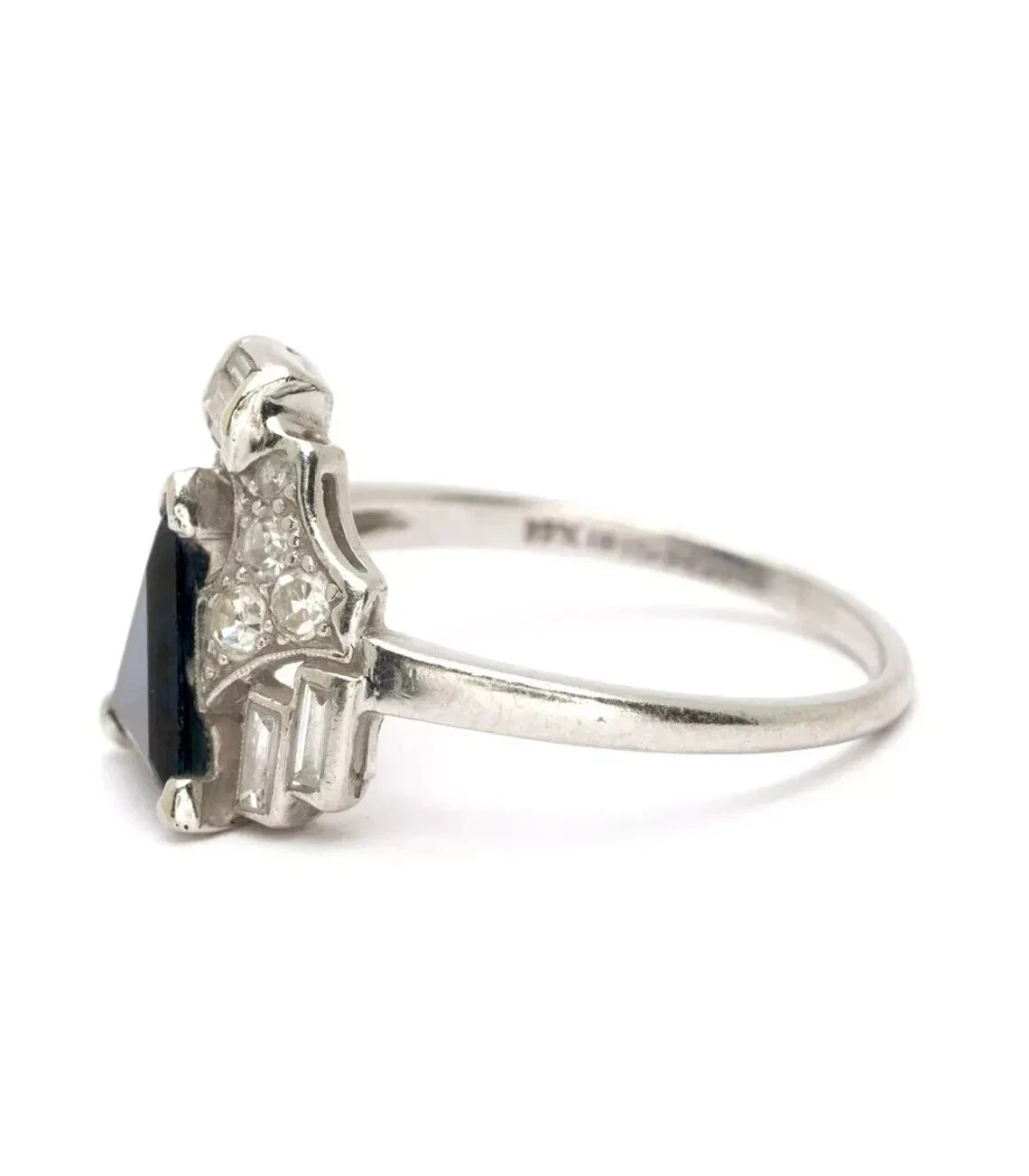 Art Deco Style Sapphire& Lab Created Diamond 14k White Gold FN Engagement Ring