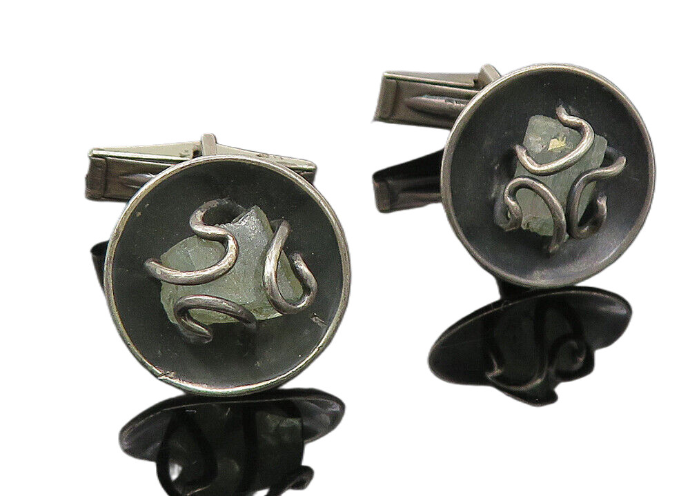 925 Sterling Silver Vintage Wire Wrapped Quartz Round Cuff Links TR1825