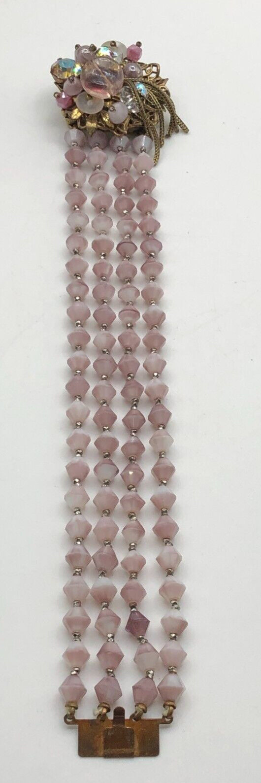VTG 4 Strand Lavender Glass Bicone Bracelet Fancy Clasp Art Glass Rhinestones