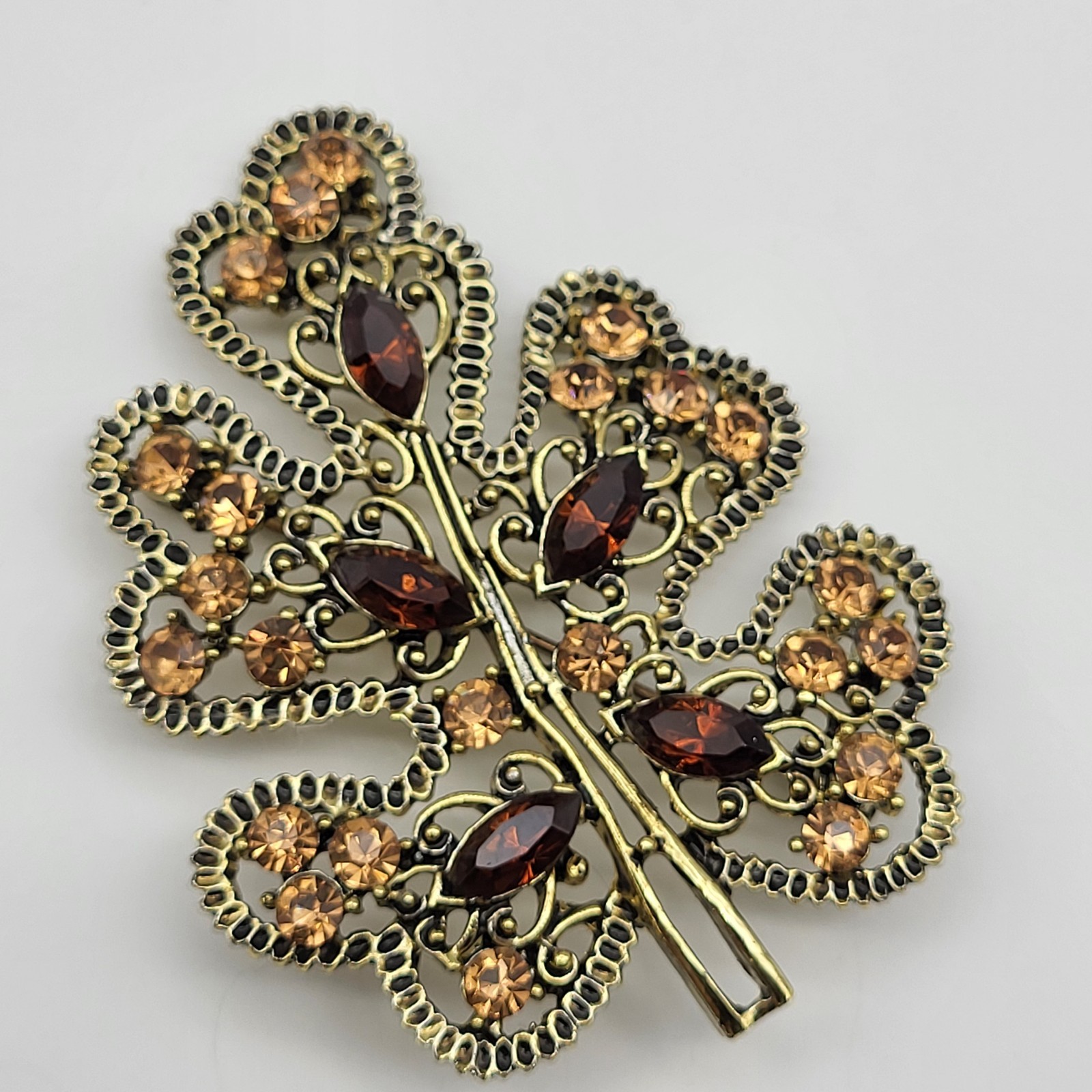 Lovely vintage large earthtones rhinestone brooch pin leaf Boho MCM
