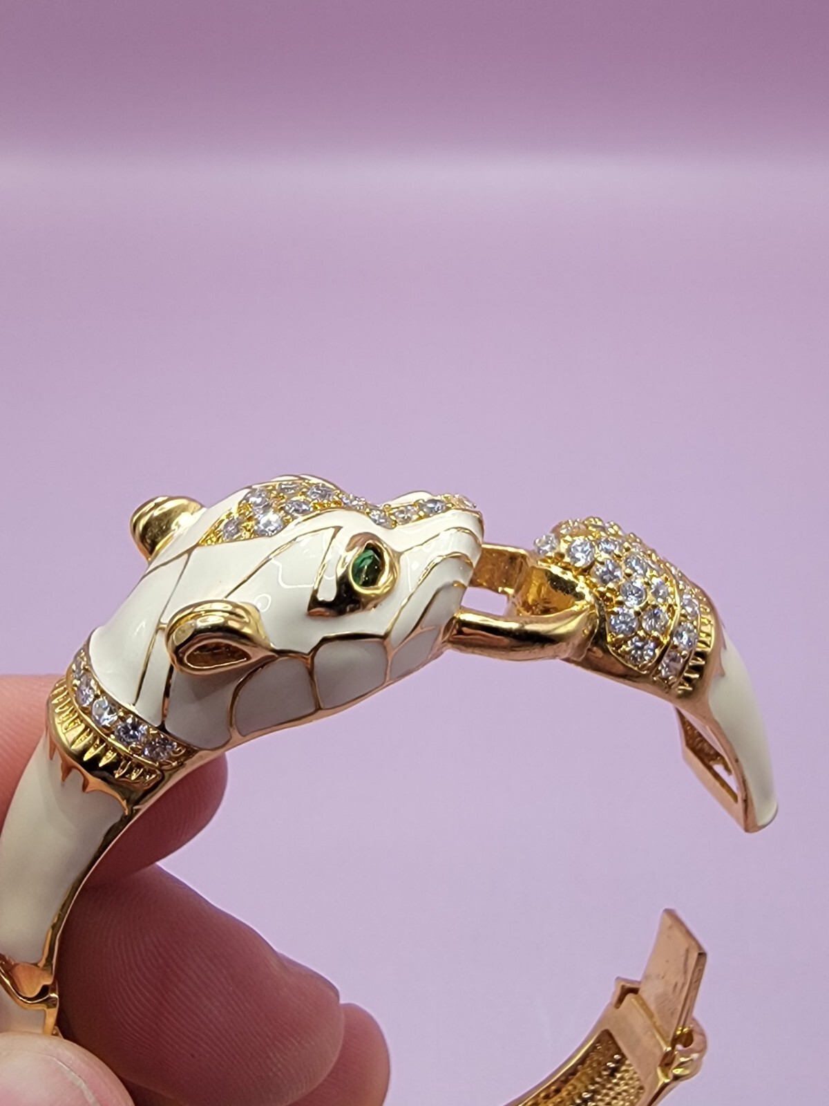 Vintage NOIR Ivory Enamel and Gold Tone PANTHER Head Clamper Bracelet