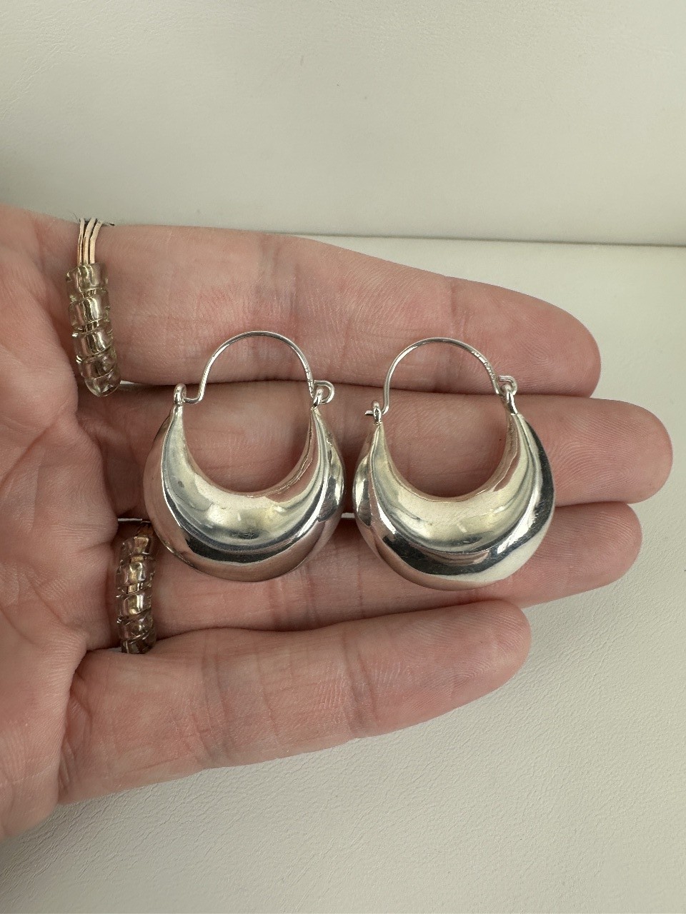 Vintage Sterling Silver Thick Puffy Crescent Hoop Dangle/Drop Earrings 1.25”