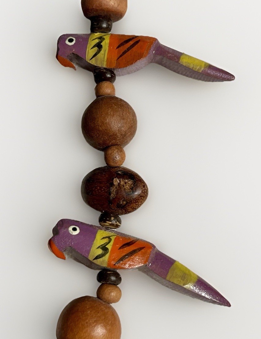 Vintage Lot of 2 Statement Necklaces Wood Hand Painted Parrots & Ceramic Cube