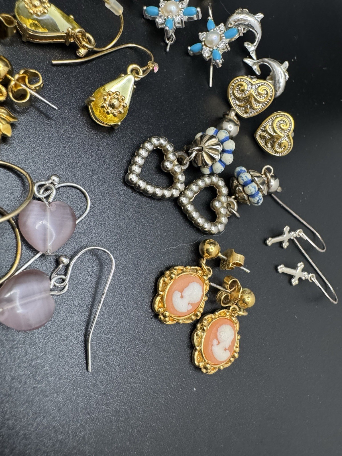 Vintage Earrings Lot 17 Pairs Avon Cameo Heart Dangle Rose Bird Mixed Styles