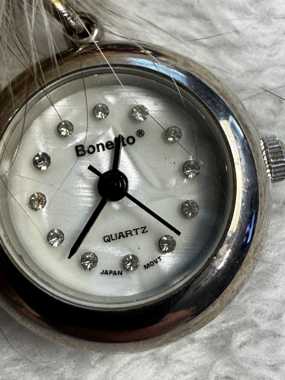 Vintage Bonetto Lady Face Watch Brooch Pin Faux Fur Rhinestone Dangle Watch