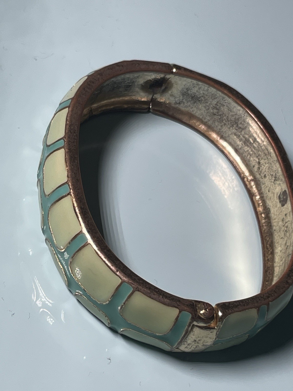 Fornash Enamel Hinge Bangle Bracelet Turquoise Cream Gold Tone