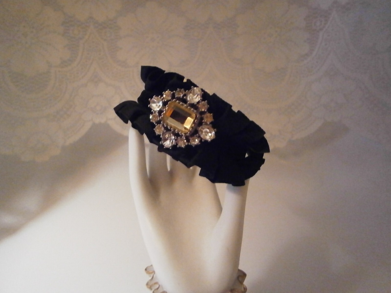 Vintage Yellow White Rhinestone Black Velvet & Satin Ruffle Cuff Bracelet
