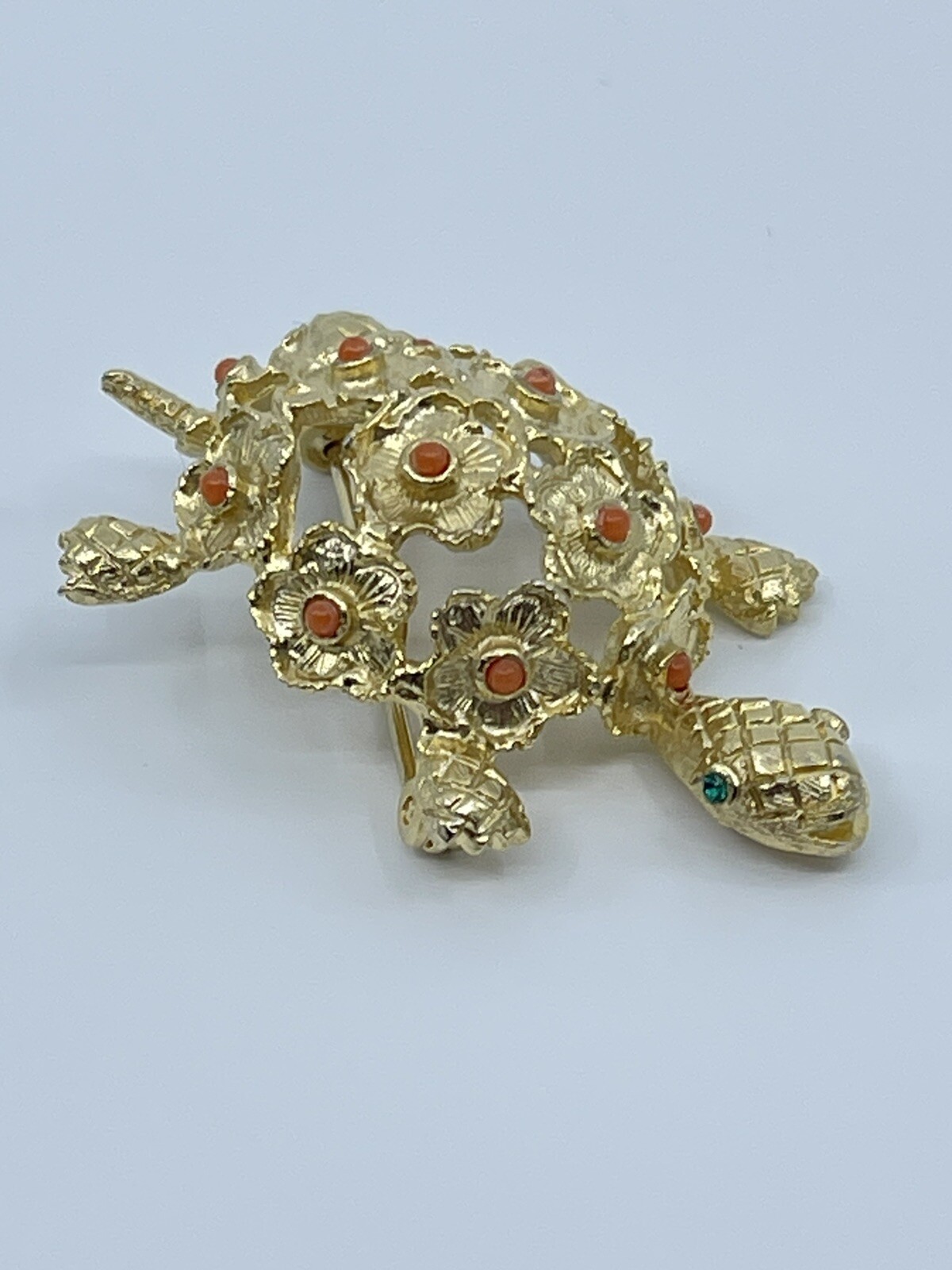 Vintage Brooch Pin De Nicola turtle faux coral and green rhinestone 1-3/4″