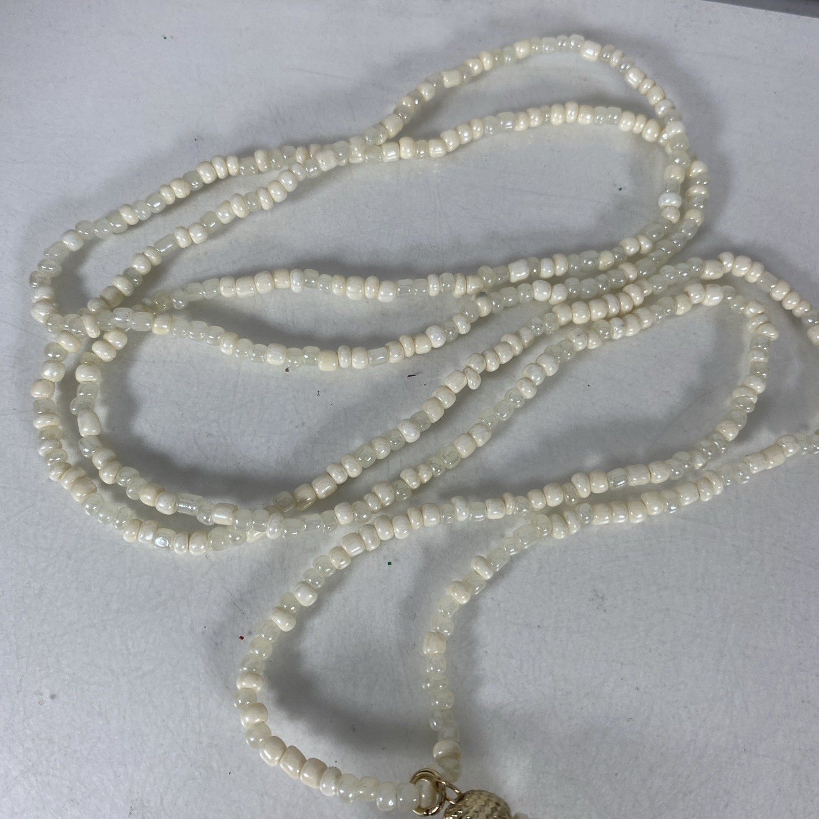 Vintage Beaded Long Necklace Tassel Off White Cream