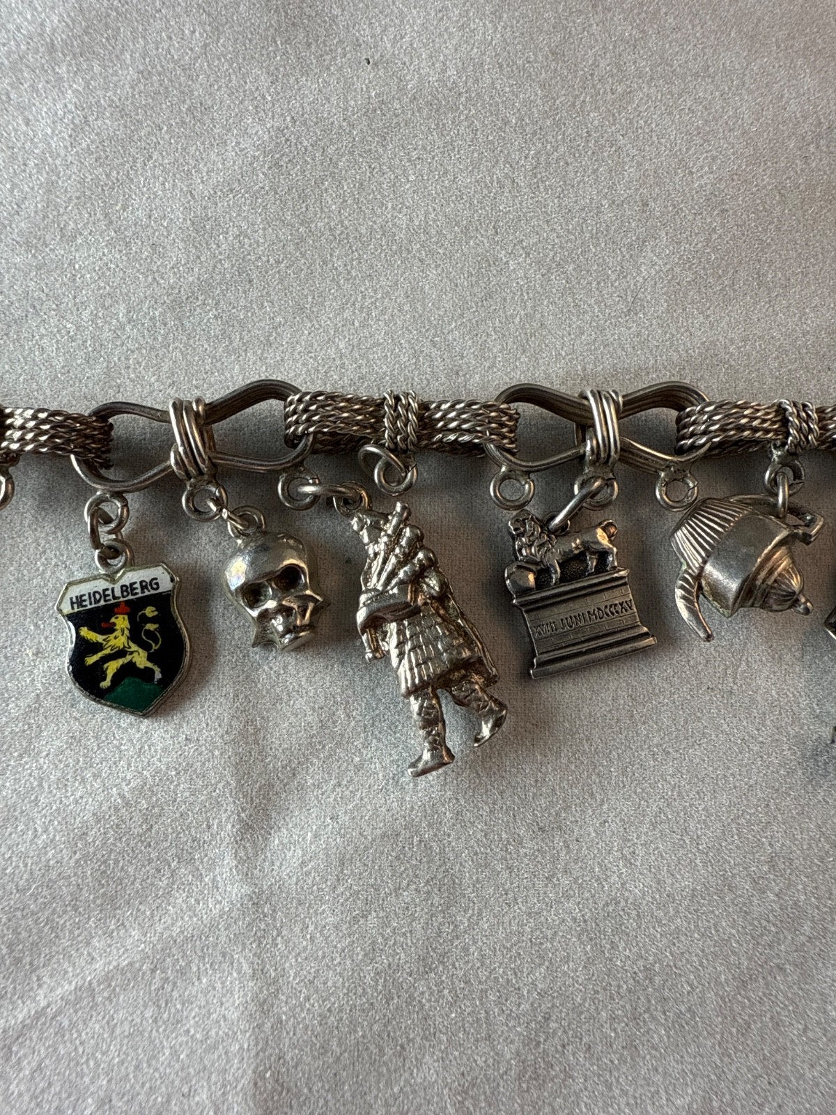 England Vtg Sterling Silver 8” charm bracelet bows Europe travel with 14 CHARMS!