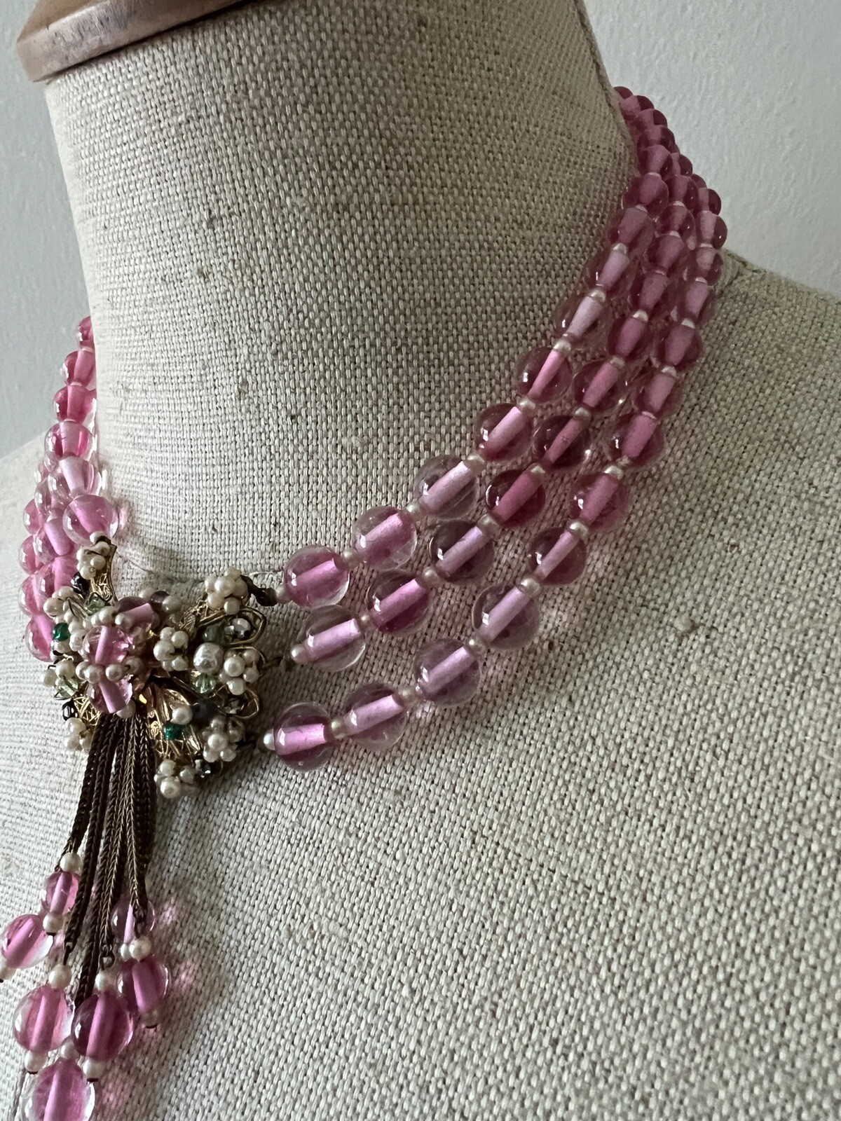 Early Miriam Haskell 3 Strand Pink Glass Festoon Necklace Faux Pearl Rose Monteé