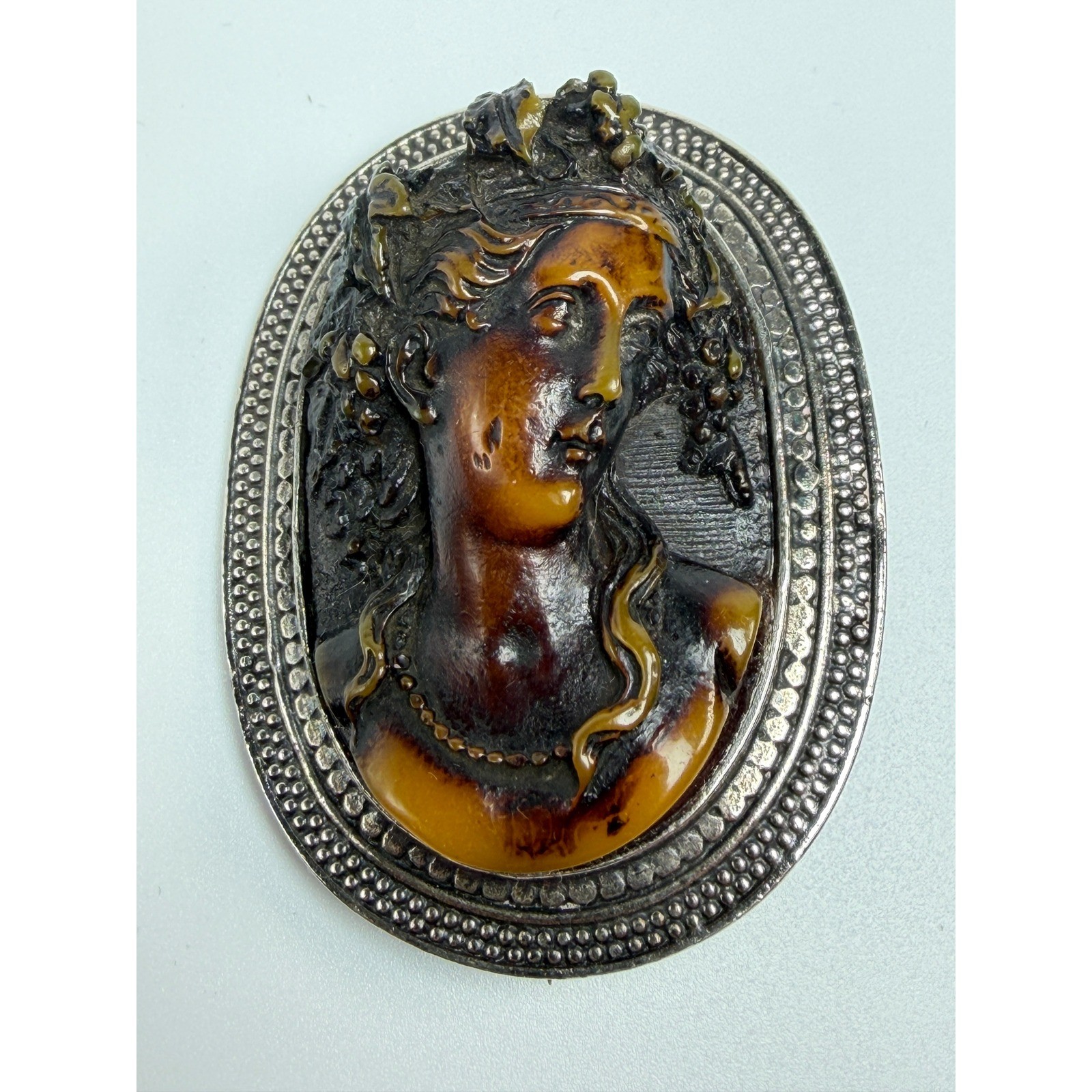 Antique Sterling Silver Cameo Brooch High Relief Amber Toned Lady Portrait #1193